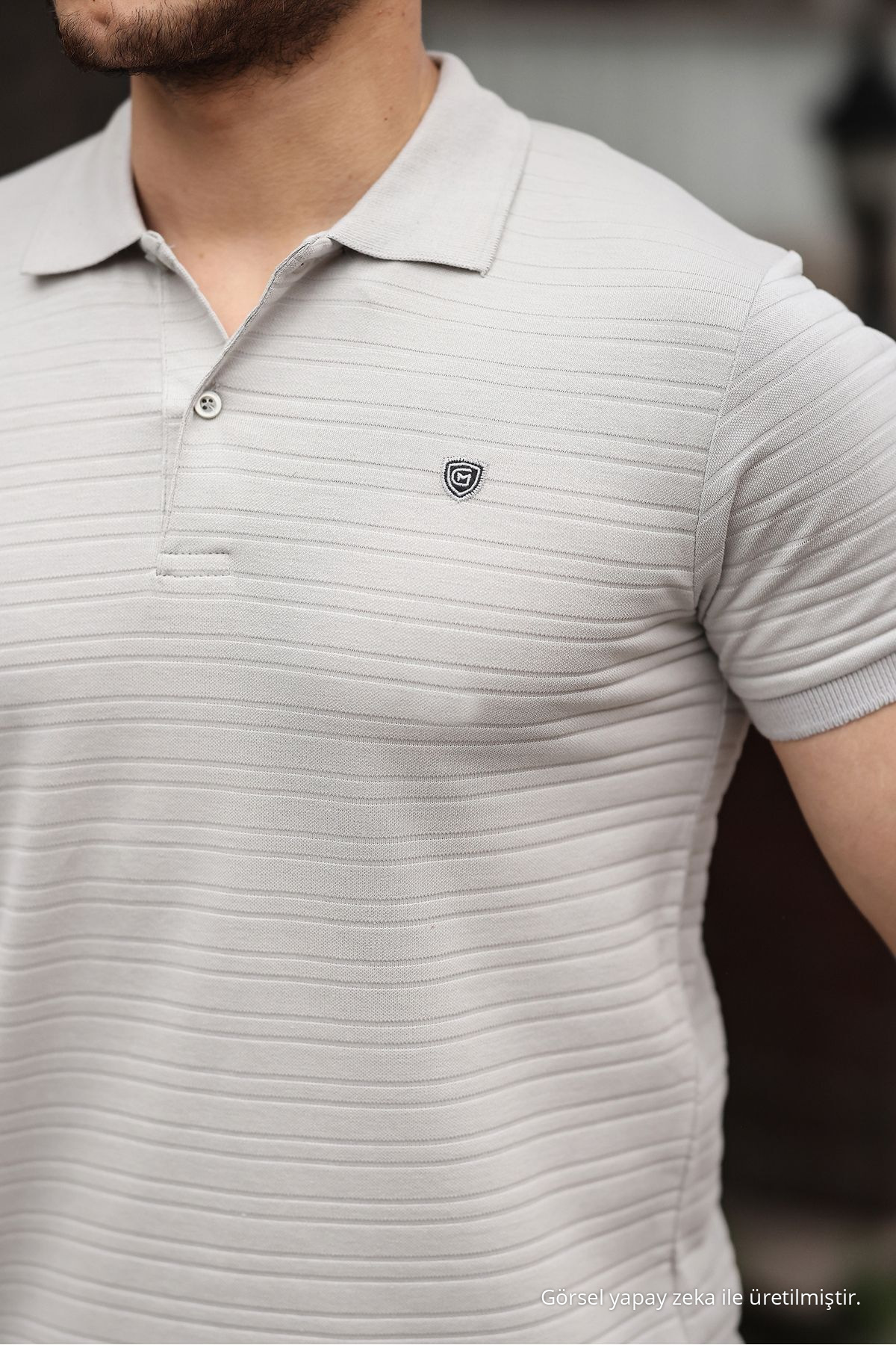 Erkek %100 Pamuklu Kumaş Slim Fit Kesim GRİ Polo Yaka T-shirt 3