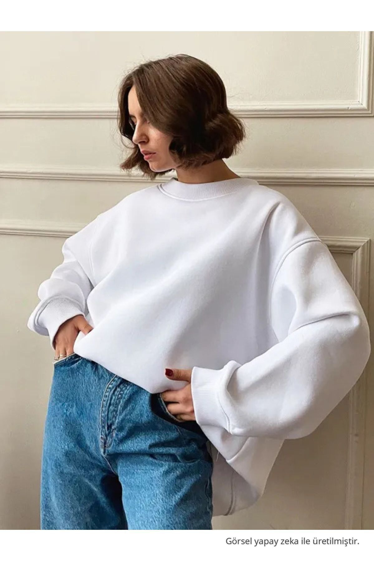 Kadın Bisiklet Yaka İçi Şardonlu, Kışlık Yumuşak Bol Sweatshirt EKRU 5