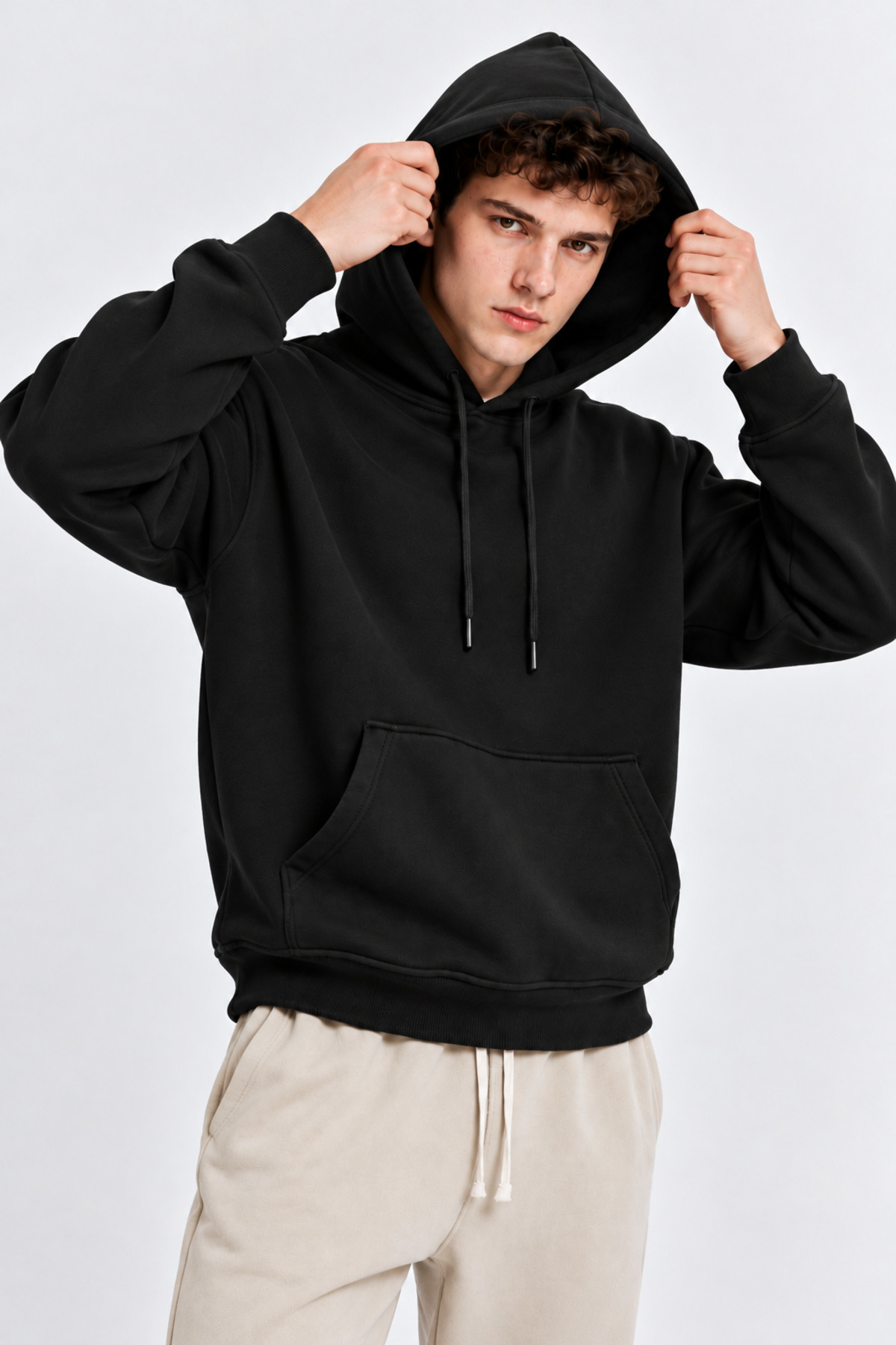 SİYAH Renk Kanguru Cepli Kapüşonlu Sweatshirt 1205 4