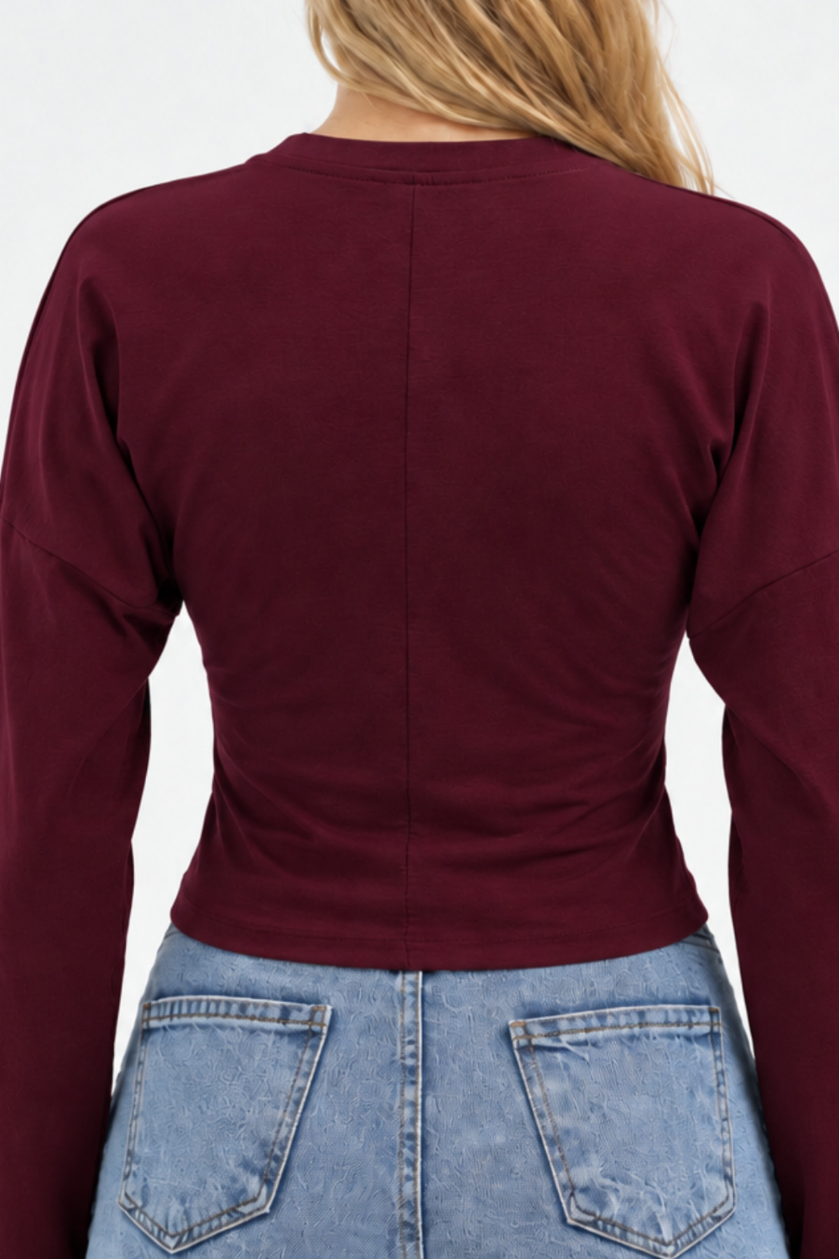 Bordo Bisiklet Yaka Uzun Kollu Crop Bluz 6