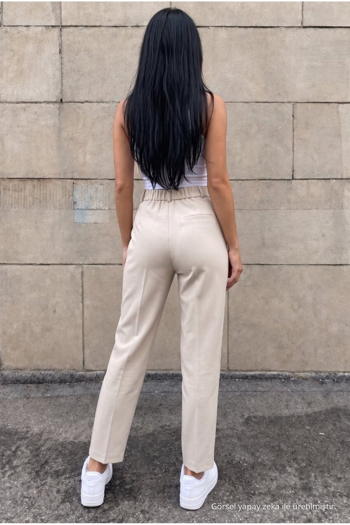 Yüksek Bel Havuç Model Beli Lastikli Dar Paça Pantolon BEJ 7