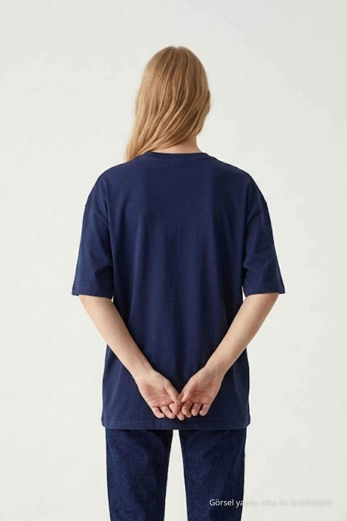 Kadın Bisiklet Yaka Lacivert Oversize Tişört 6