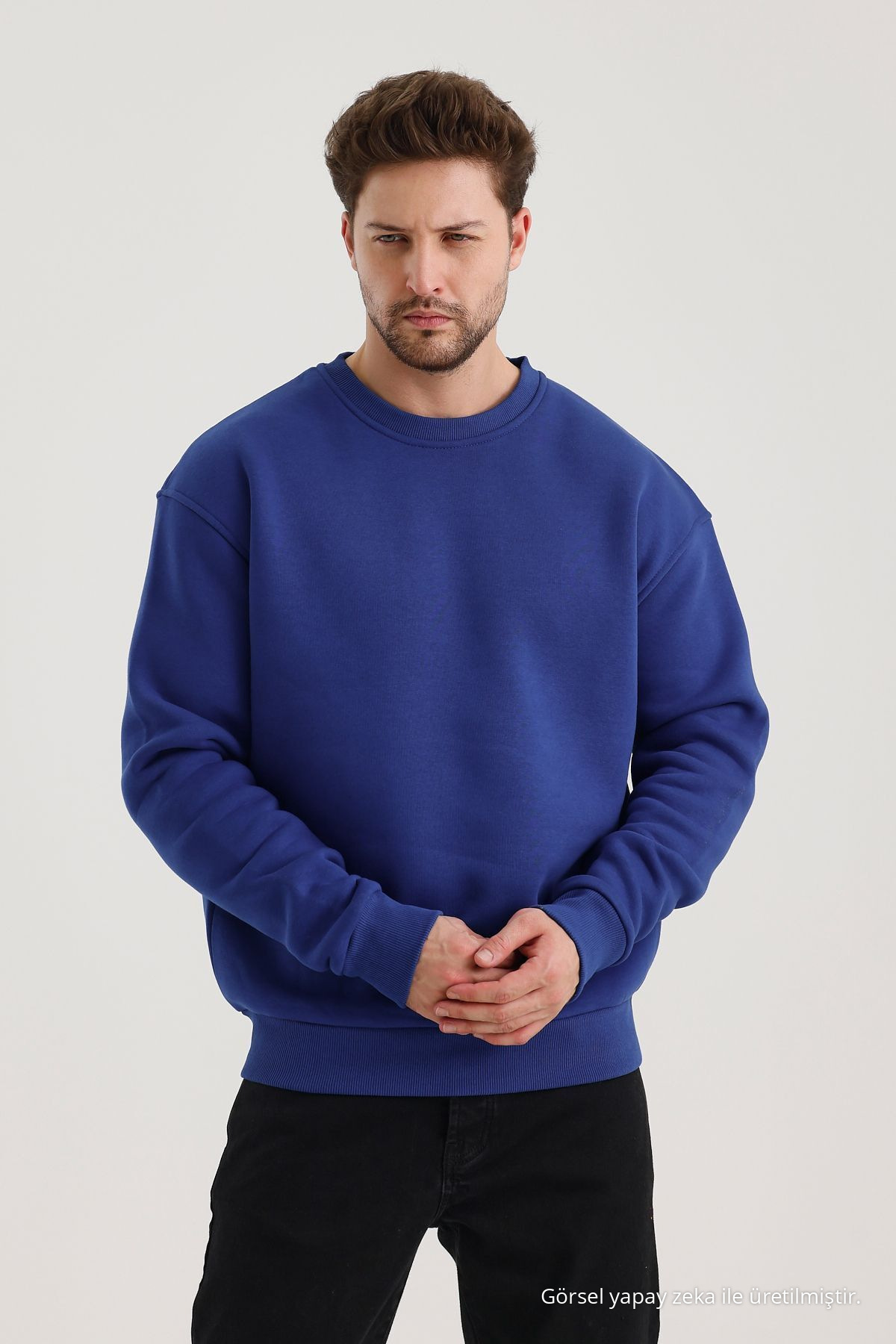 Saks Bisiklet Yaka Oversize Şardonlu Basic Erkek Sweatshirt MAVİ 6