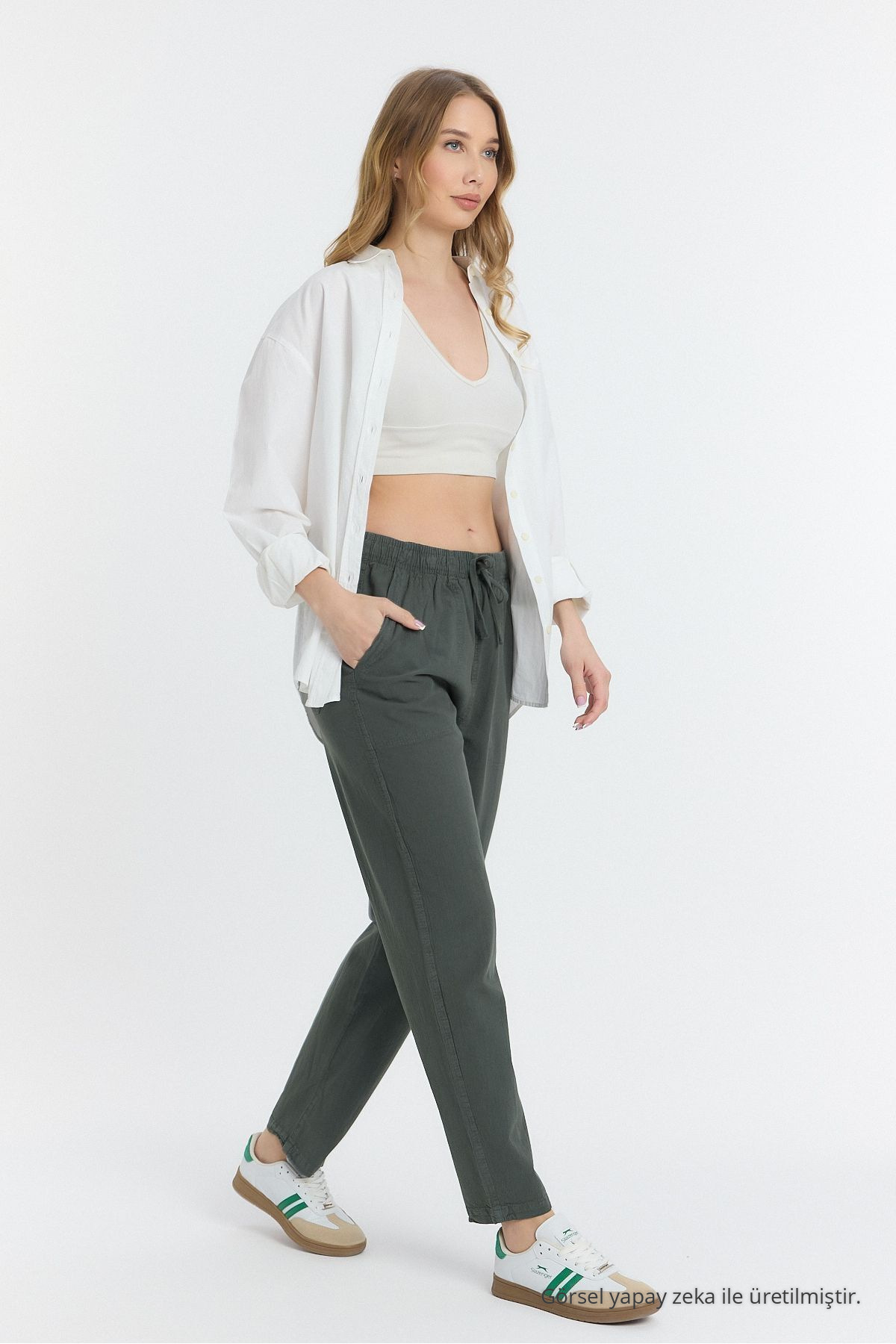 Keten Karışımlı Bol Kesim HAKİ Pantolon 3