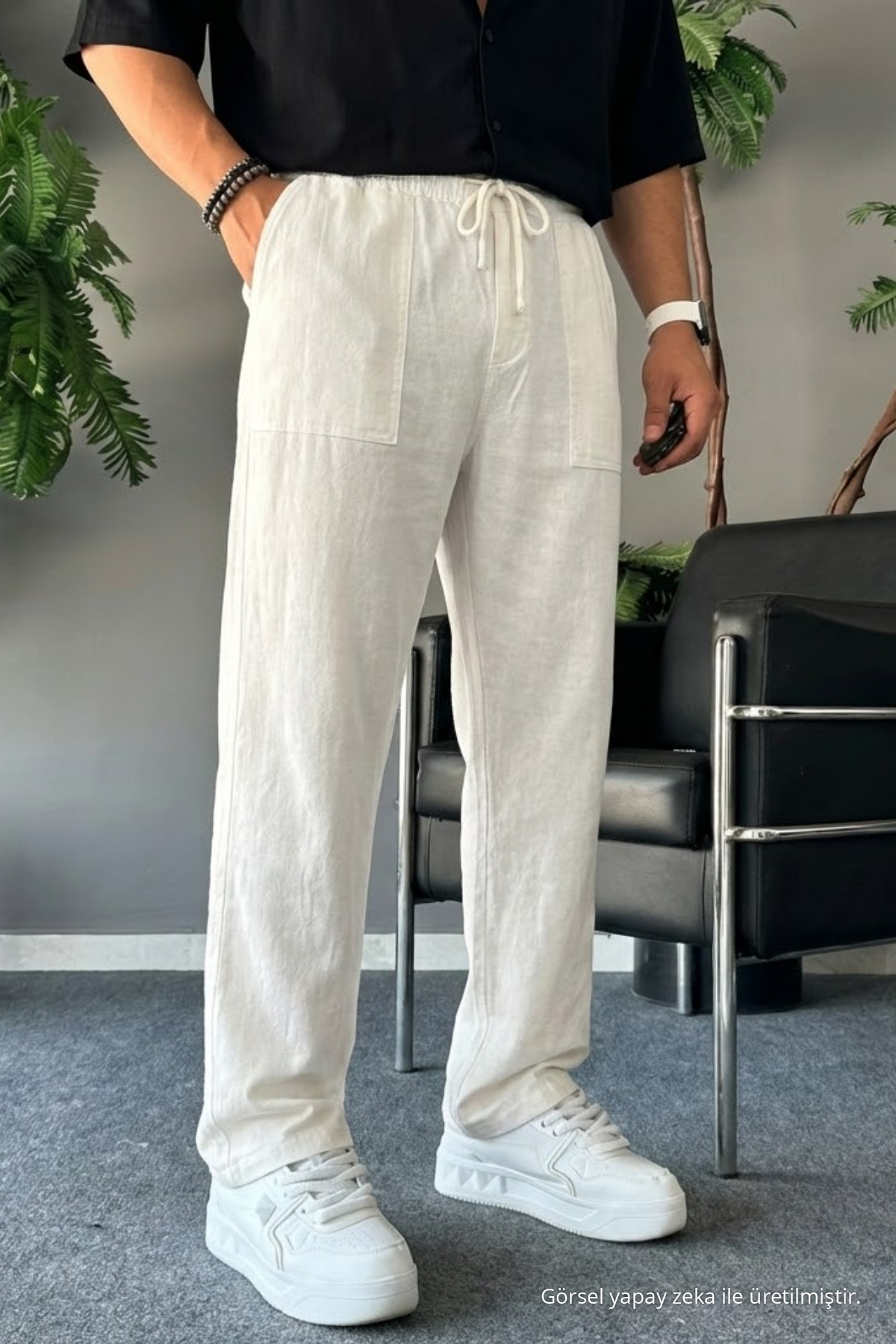 Erkek Beli Lastikli 3 Lü Keten Pantolon ANTRASİT 3