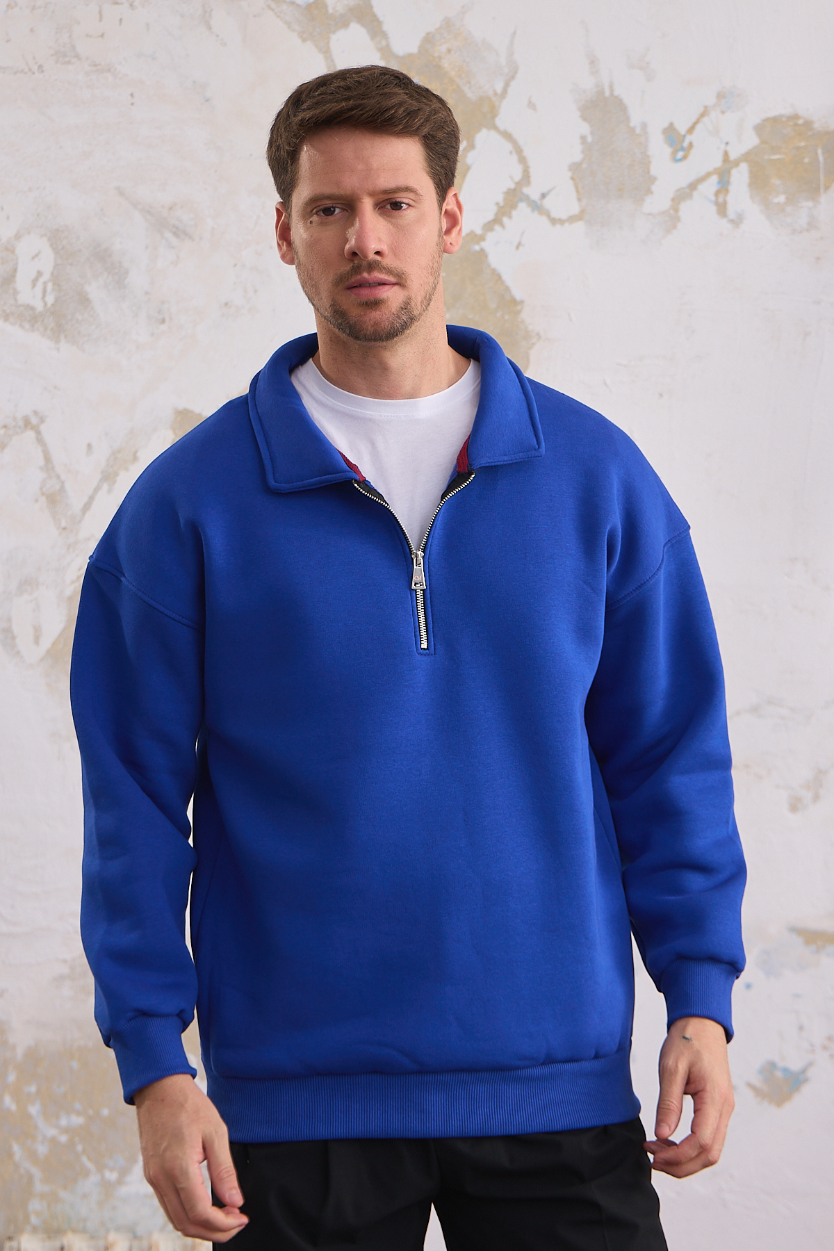 Erkek Yarım Fermuar Rahat Sweatshirt SAKS MAVİ 3