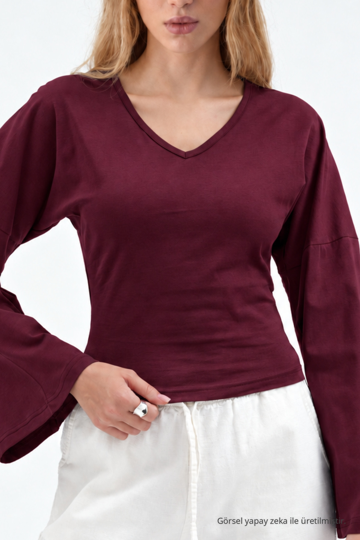 Kadın Reglan Kol Dokulu Crop Bordo Bluz 5