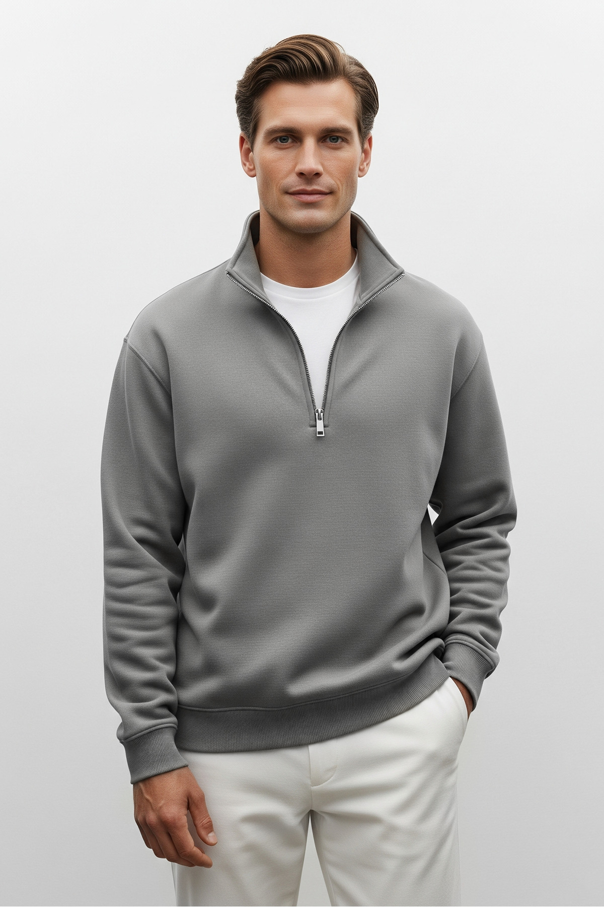 Erkek Yarım Fermuarlı Salaş GRİ Sweatshirt 4