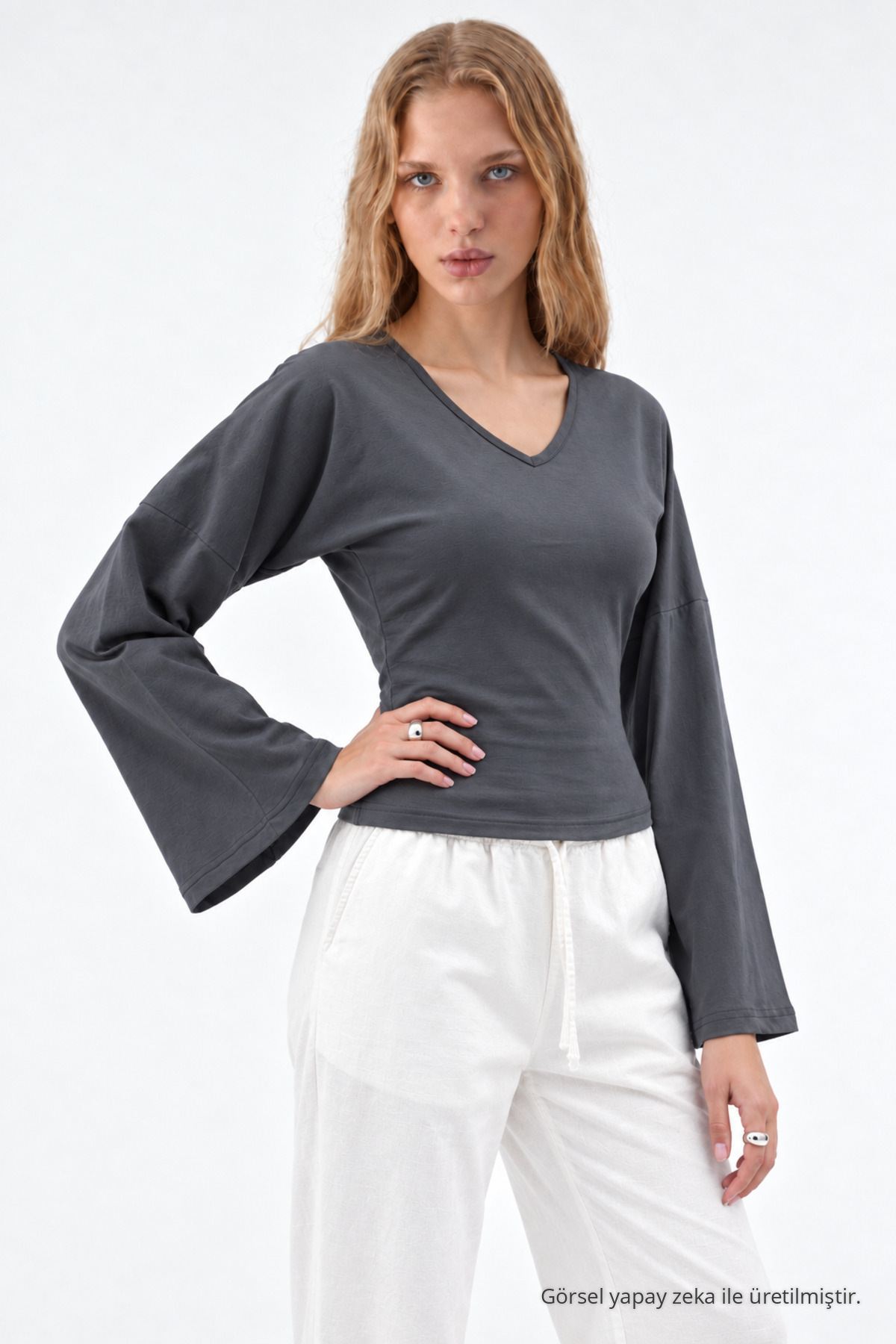 Kadın Reglan Kol Dokulu Crop Füme Bluz 4