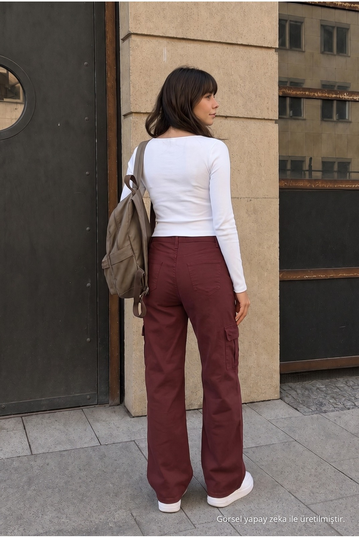 Kargo Cepli Likralı Yüksek Bel Wide Leg Okul Pantolonu BORDO 6