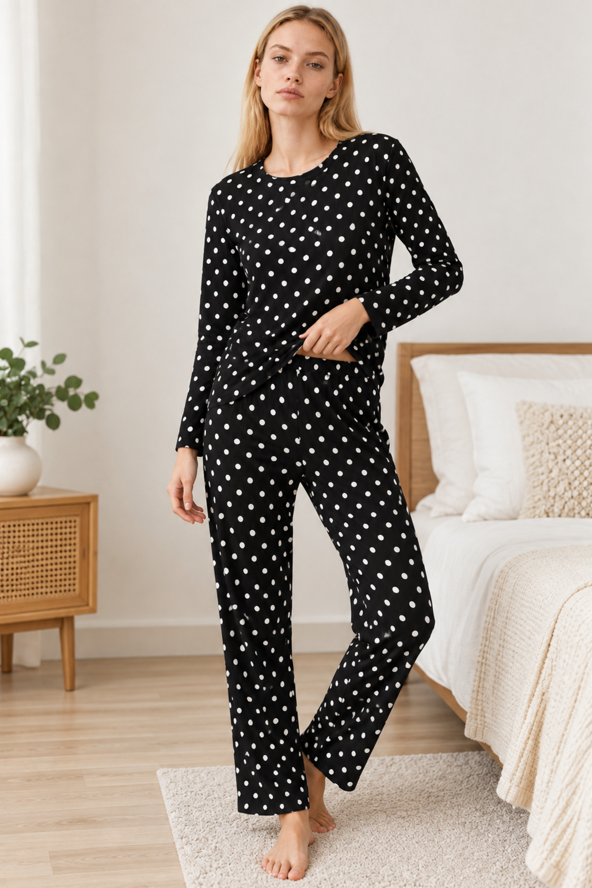 Kadın Desenli İkili Siyah Rahat Pijama Takımı 4814 4
