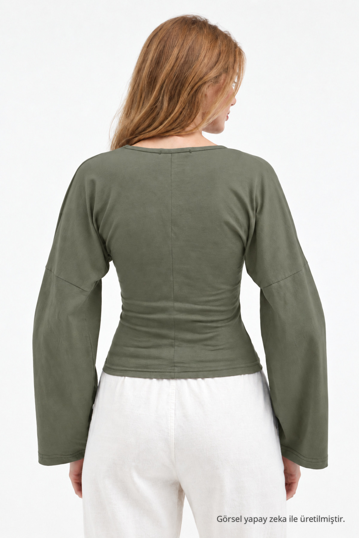 Kadın Reglan Kol Dokulu Crop Haki Bluz 3