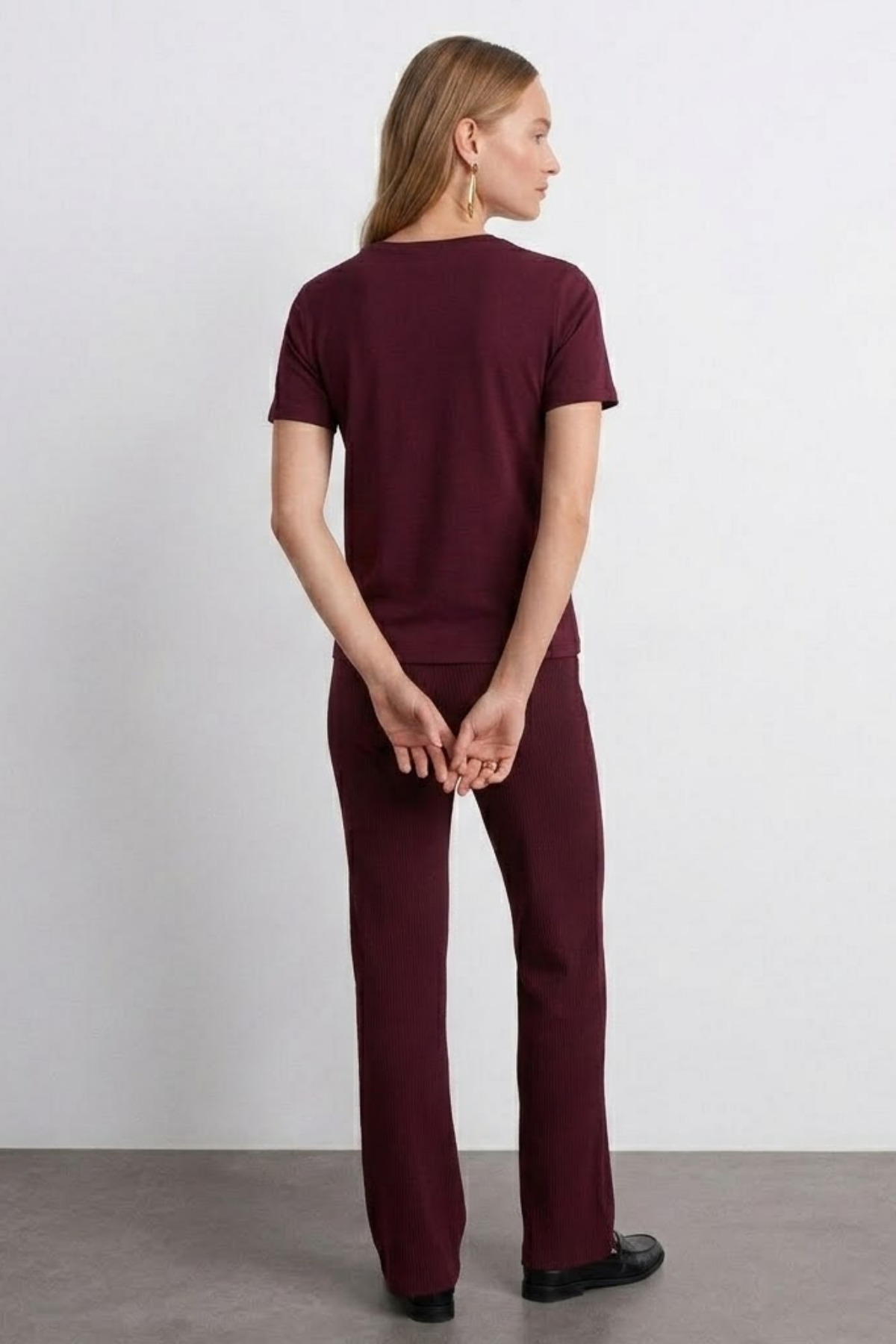 Kadın Comfort Fit Basic Bordo Bol Tişört 3