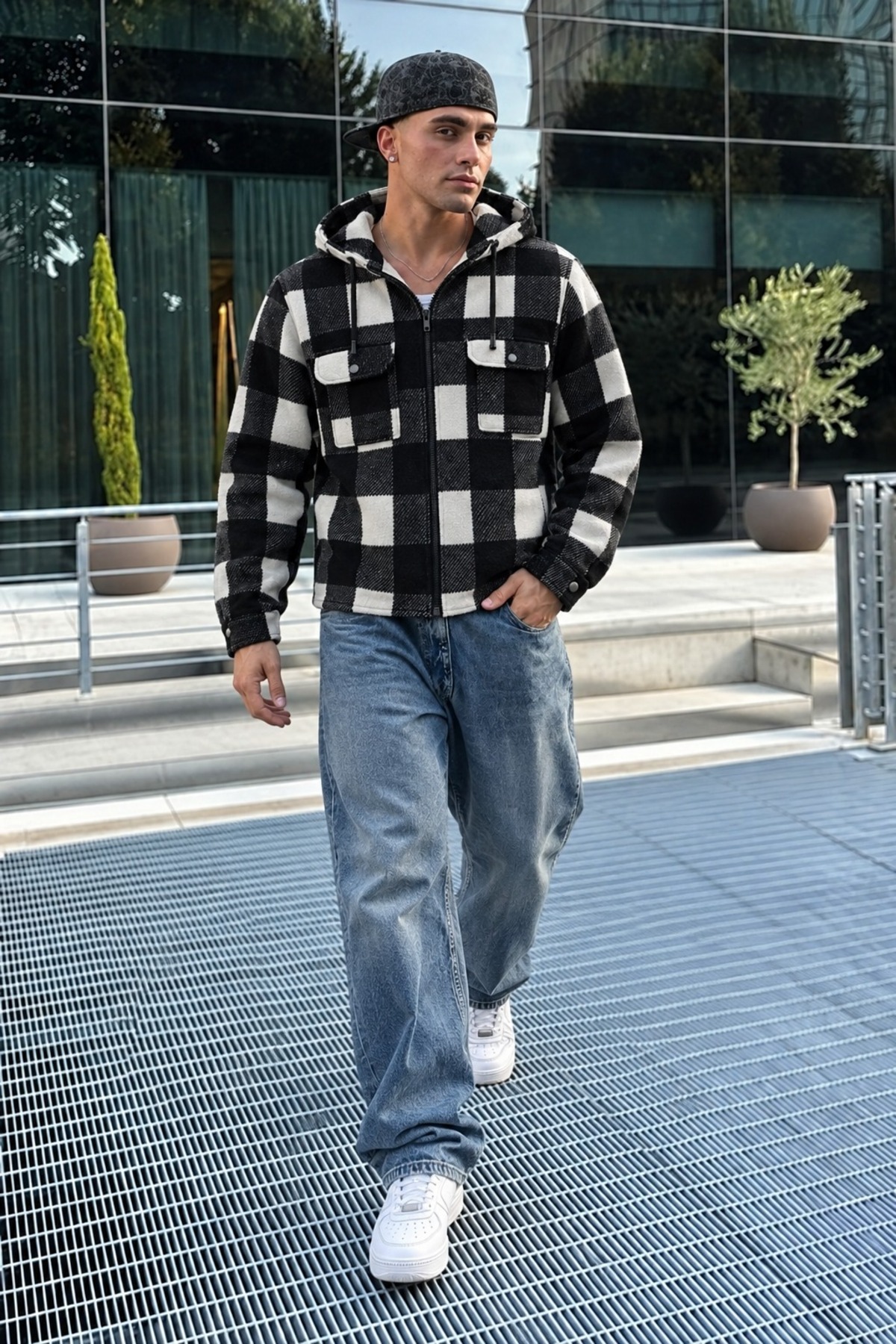 Erkek Ekose Kapüşonlu Casual Fermuarlı Siyah Oduncu Ceket 6