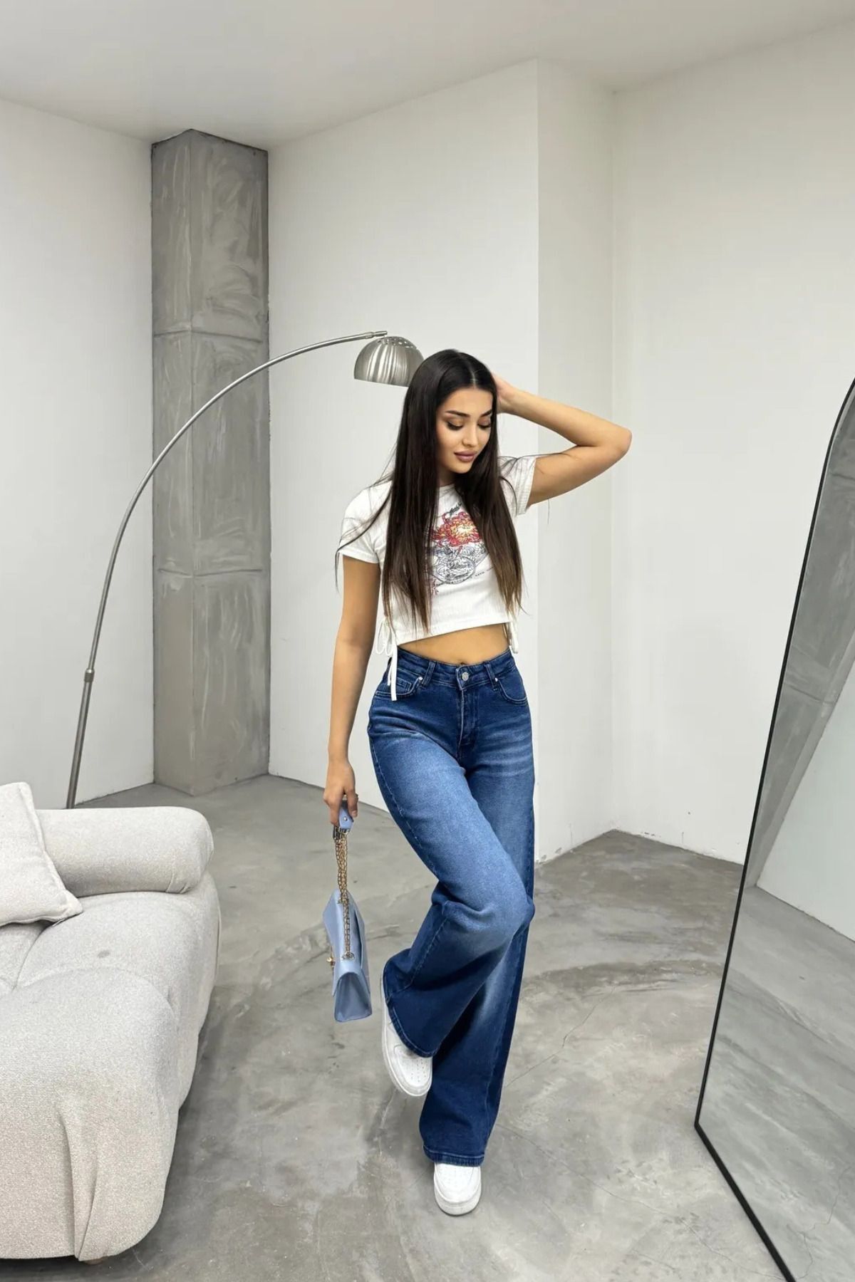 Kadın Yüksek bel Esnek Soluk Efektli Palazzo Jeans Mavi 7