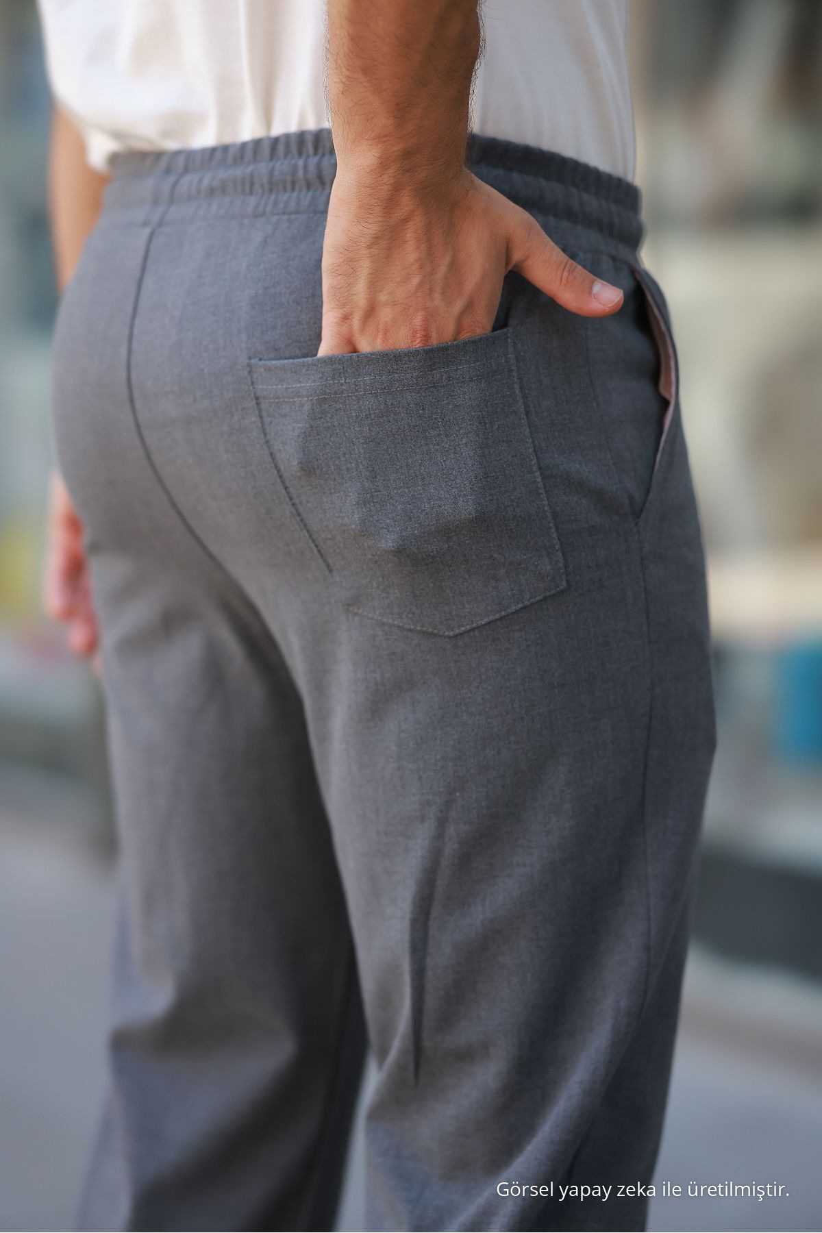 Erkek Beli Lastikli Bağcıklı Jogger ANTRASİT Kumaş Pantolon Rahat Kesim Yan Cepli 3