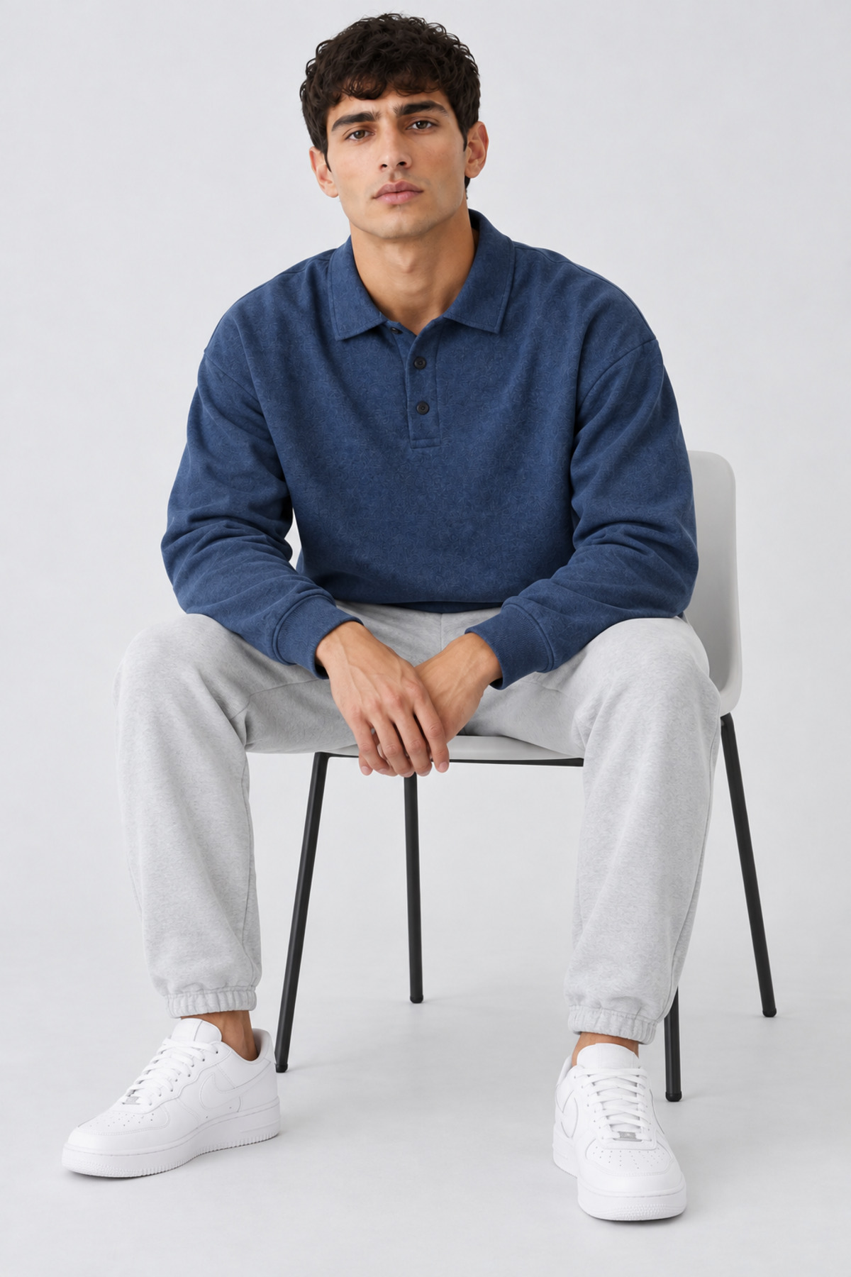 Erkek Polo Yaka Düğmeli Triko Mavi Kazak 4