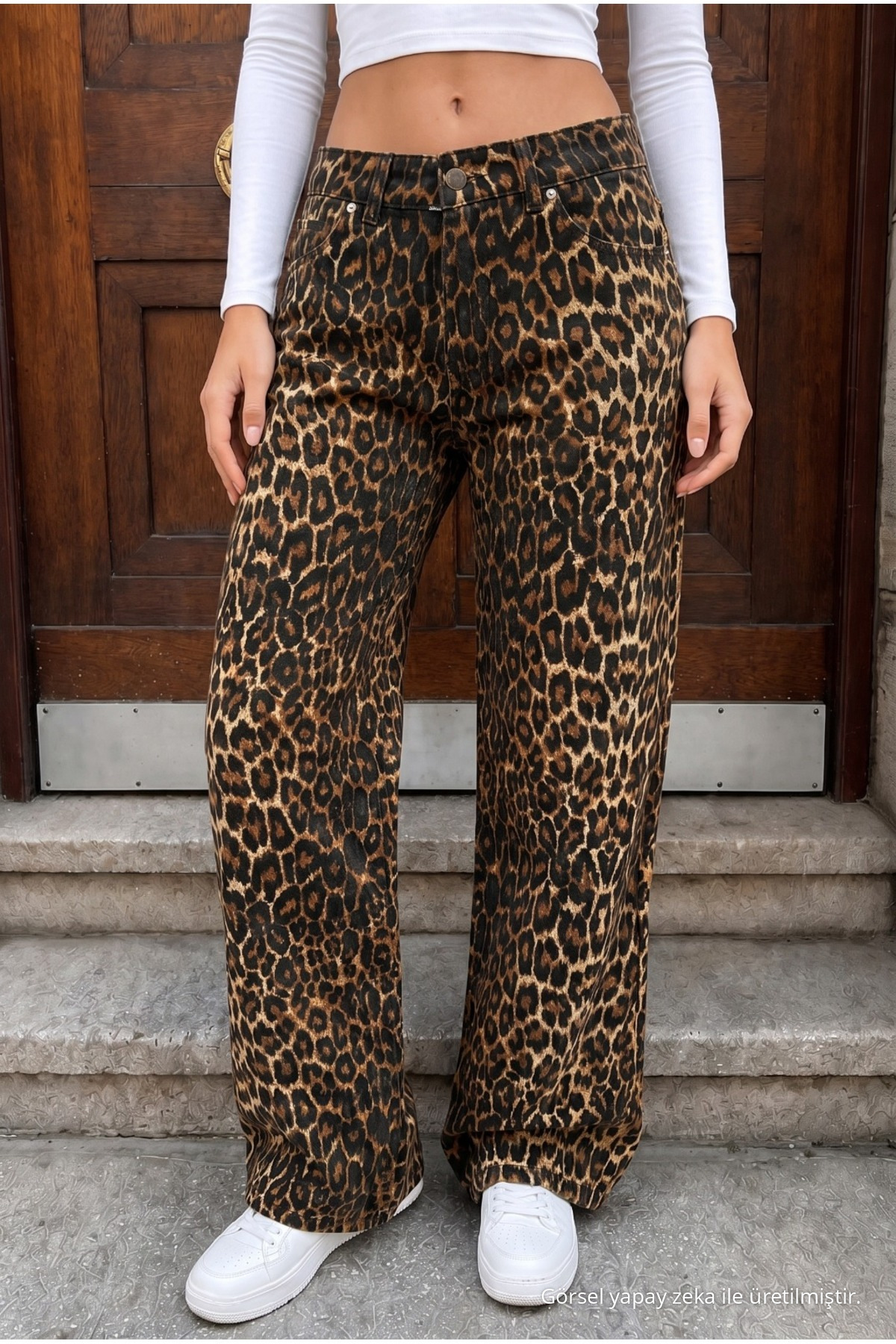 Leopar Desenli Yüksel Bel Wide Leg Lıkralı Palazzo Jean Kahverengi 3