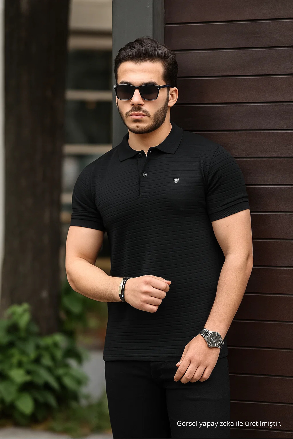 Erkek %100 Pamuklu Kumaş Slim Fit Kesim SİYAH Polo Yaka T-shirt 4