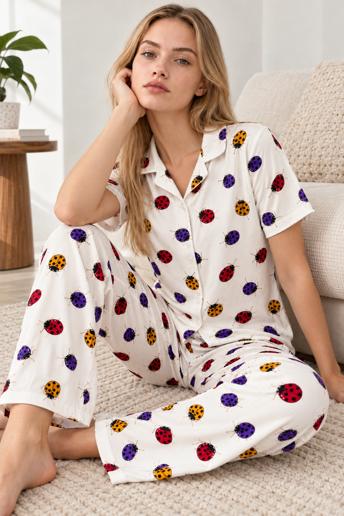 Kadın Desenli Beyaz Kısa Kollu Pijama Takımı 4828 3