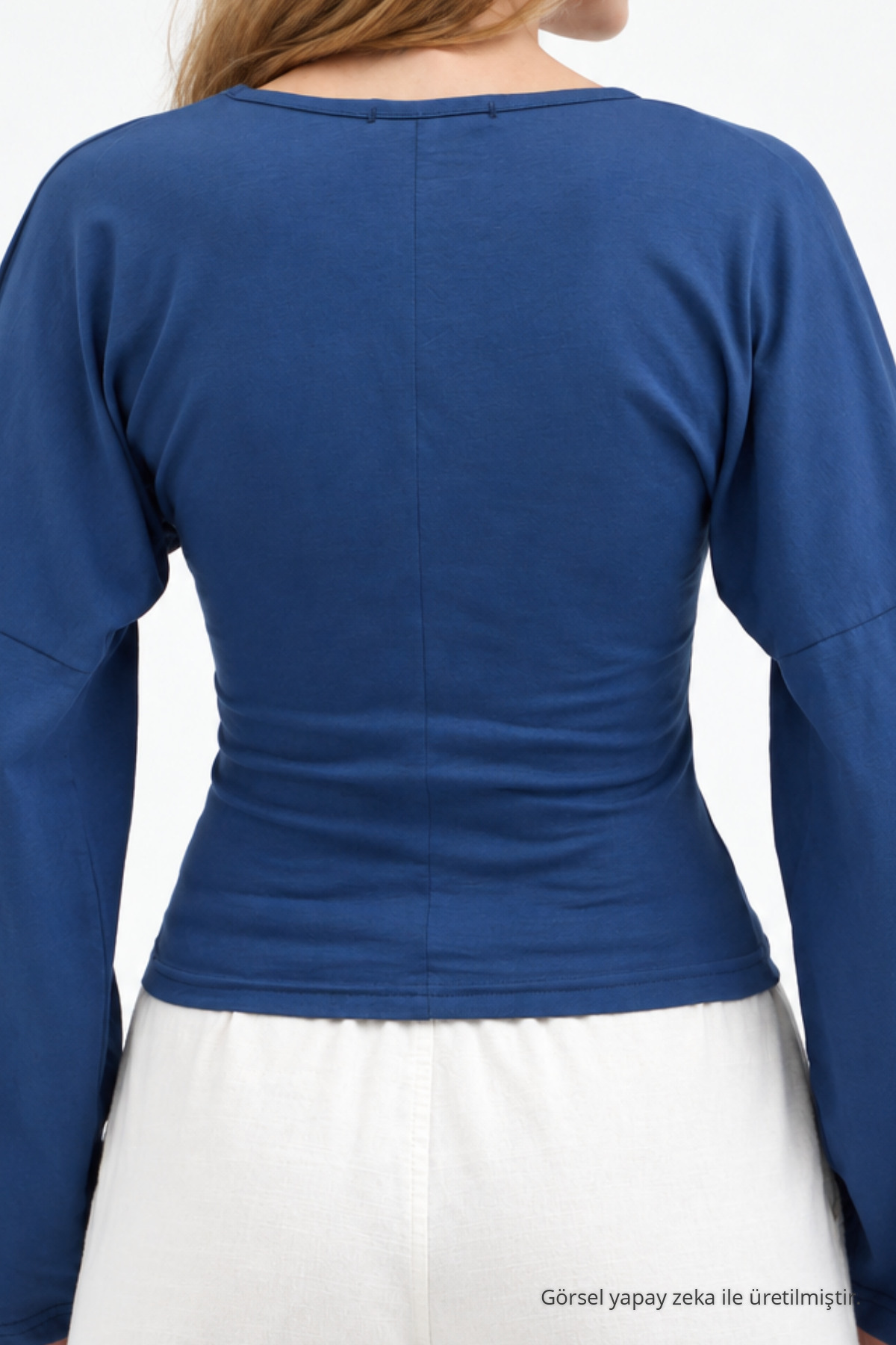 Kadın Reglan Kol Dokulu Crop Mavi Bluz 6
