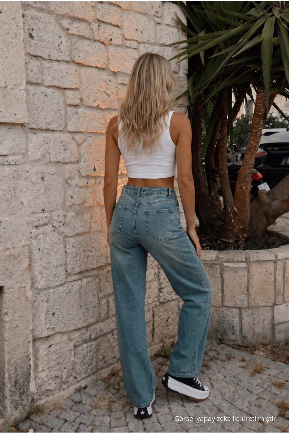 Kadın Vintage Efektli Yüksek Bel Esnek Wide Leg Jeans KOYU MAVİ 7