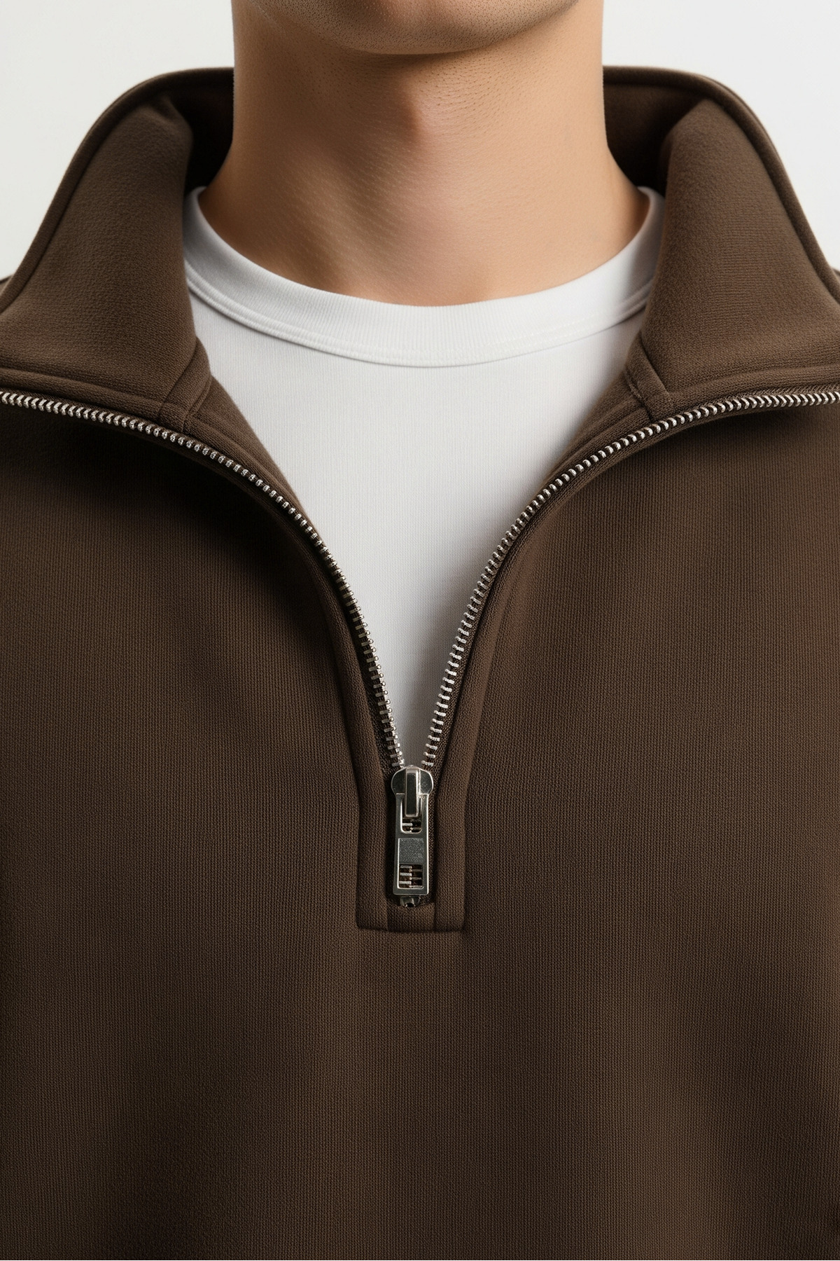 Erkek Yarım Fermuarlı Salaş KAHVERENGİ Sweatshirt 3