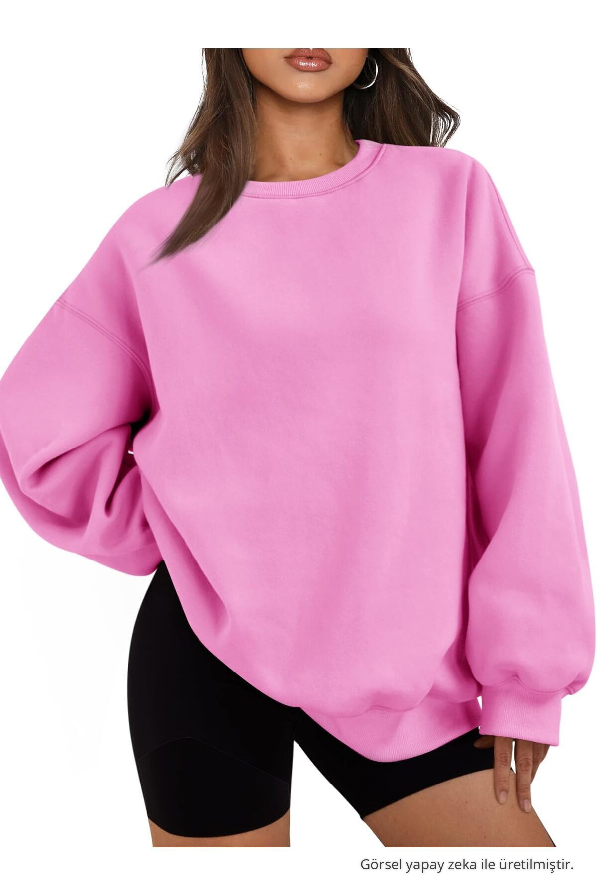 Kadın Bisiklet Yaka Basic Oversize Sweatshirt ŞEKER PEMBE 3