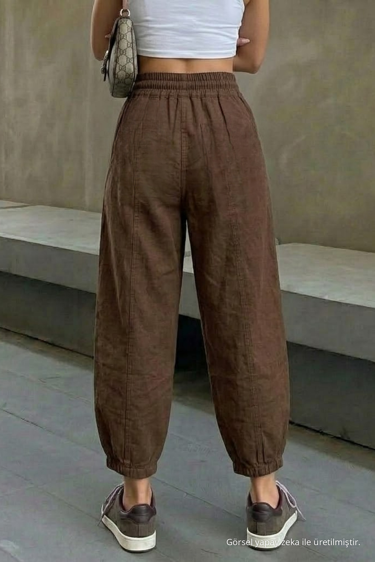 Kadın Beli Lastikli Kahve Şalvar Pantolon 5