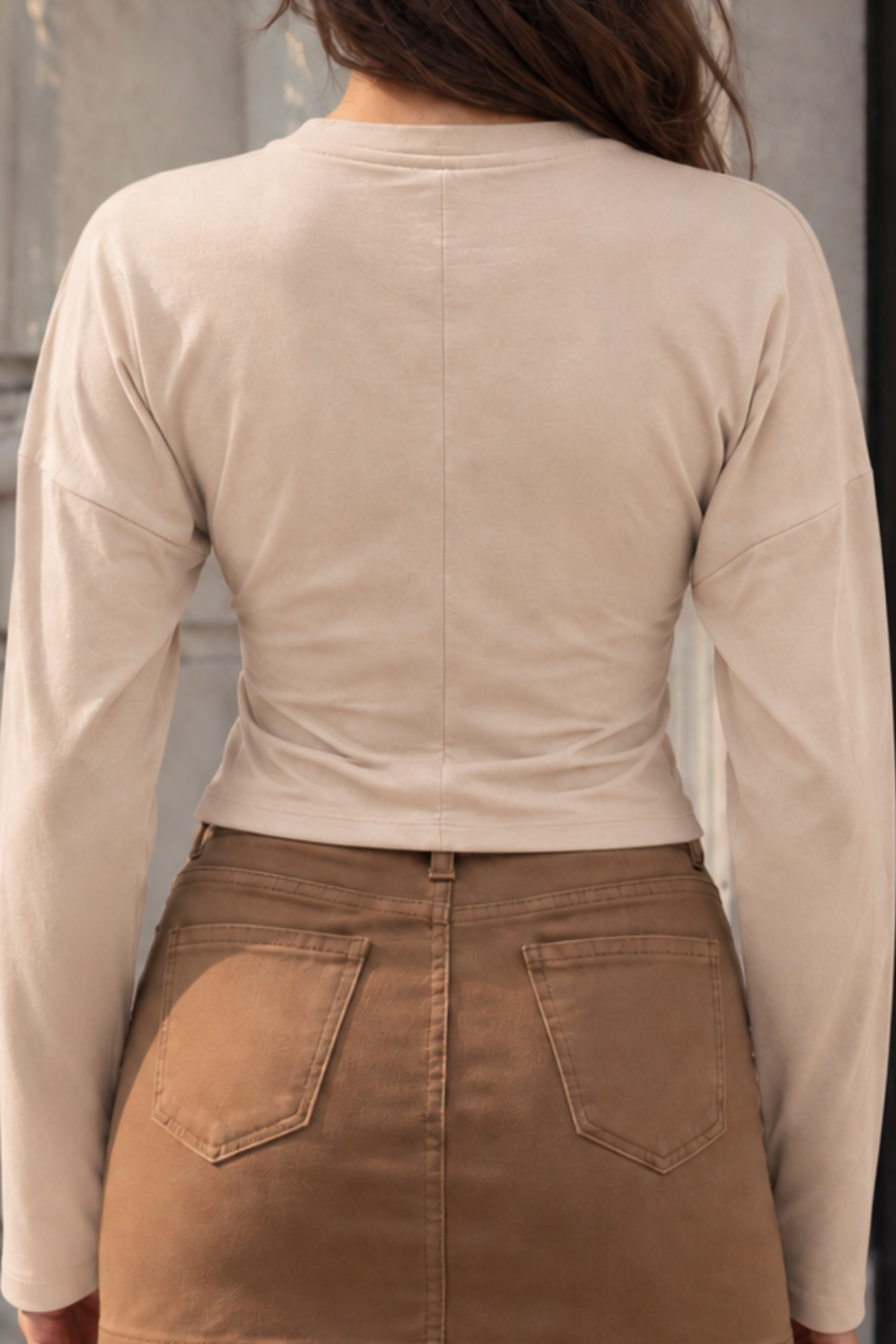 Bej Slim Fit Uzun Kollu Crop Bluz 6