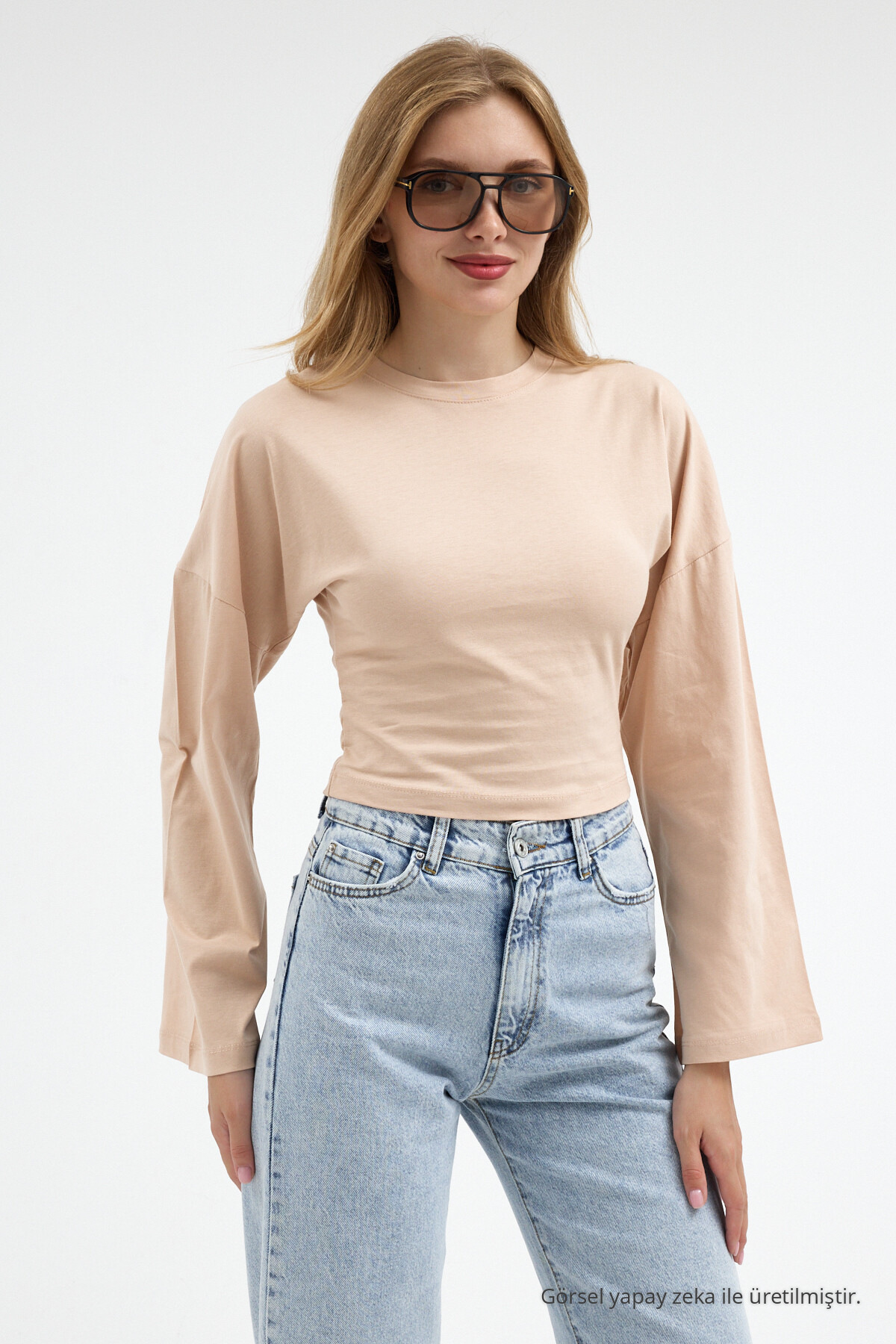 Kadın Basic Geniş Kol Bej Crop Bluz 3