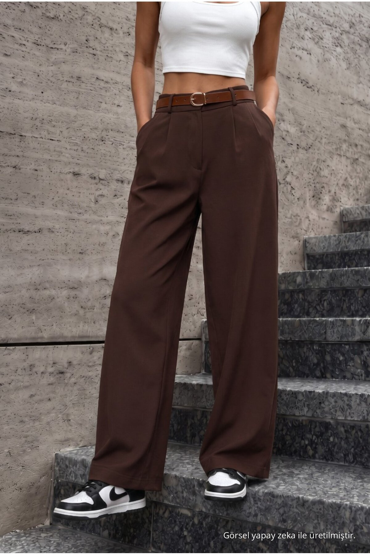 Kadın Kemerli Oversize Salaş Beli Lastikli Palazzo Pantolon KAHVE 3