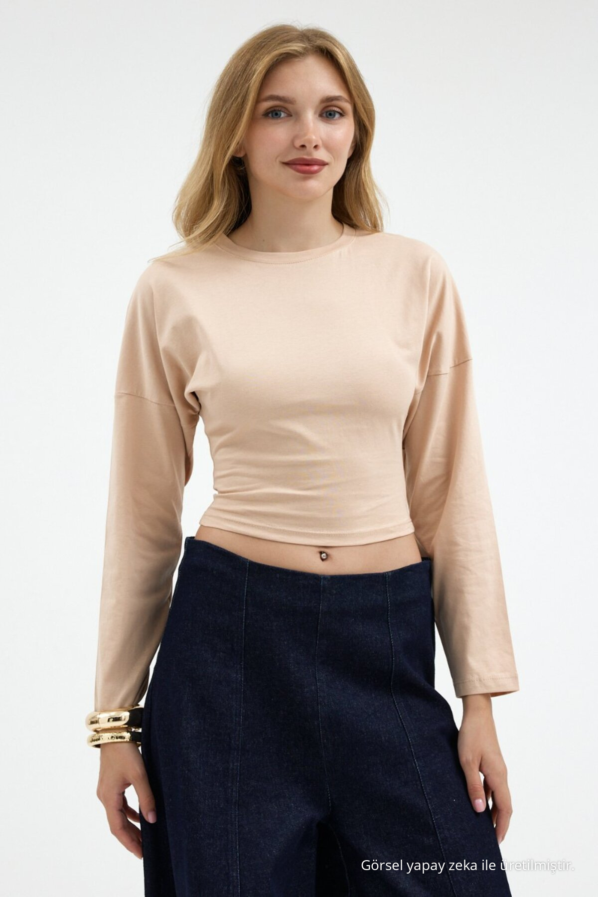 Kadın Uzun Kol Bele Oturan Bej Crop Bluz 6