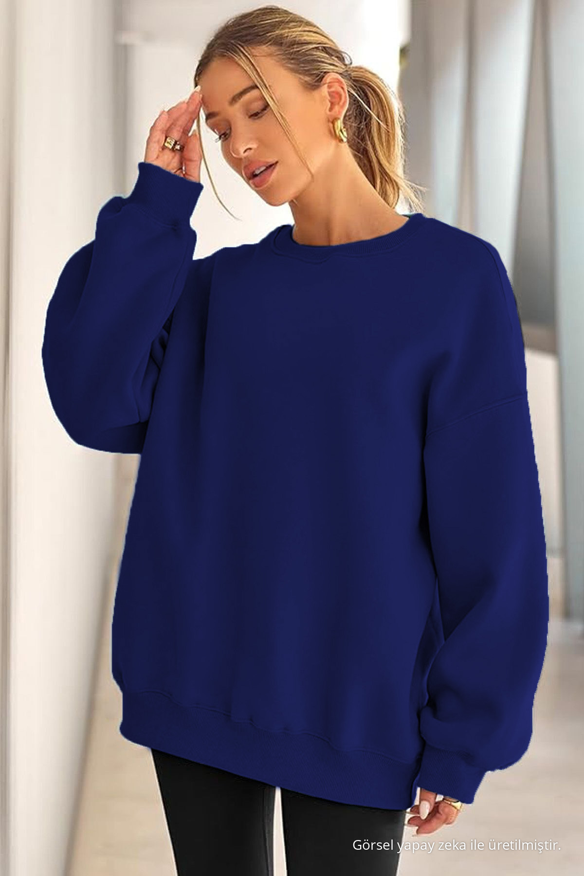 Kadın Bisiklet Yaka Basic Oversize Sweatshirt SAKS MAVİ 5