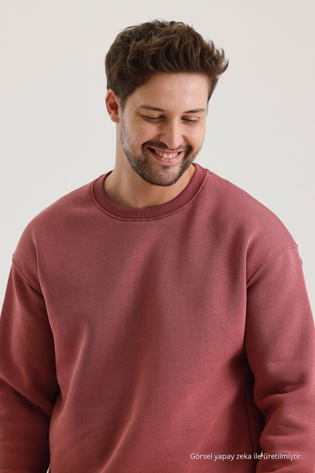 Gül Kurusu Bisiklet Yaka Oversize Şardonlu Basic Erkek Sweatshirt 3