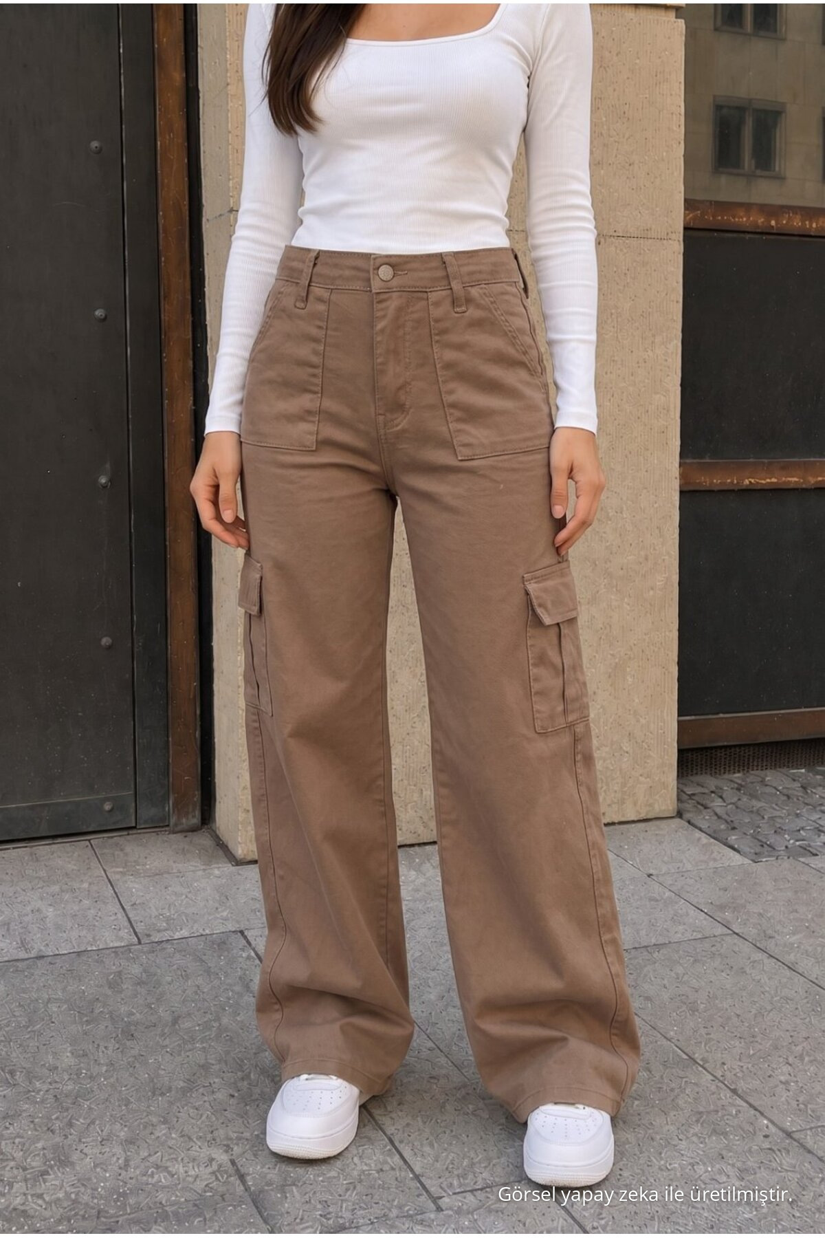 Kargo Cepli Likralı Yüksek Bel Wide Leg Okul Pantolonu vizon 3