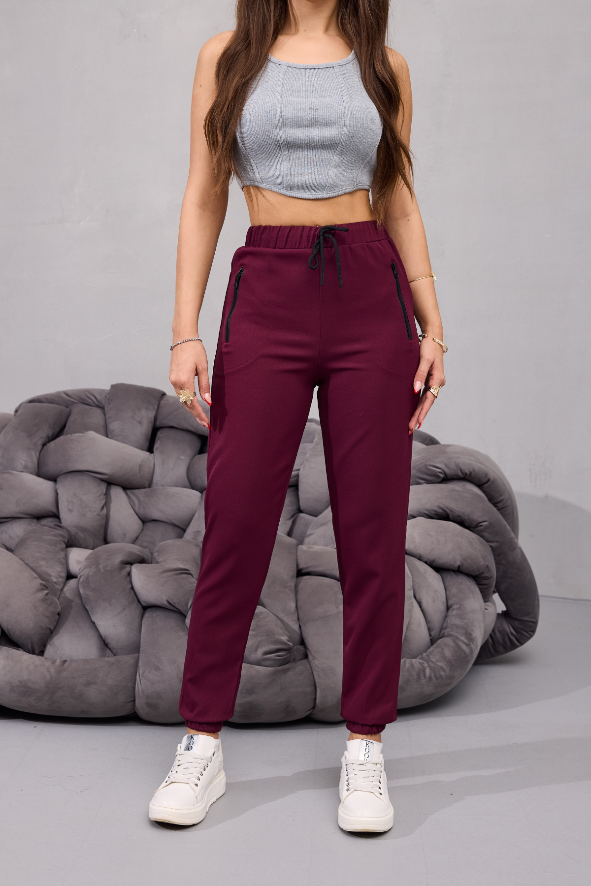 Kadın Yüksek Bel Likralı Rahat Kumaş Jogger Beli Lastikli Pantolon BORDO 3