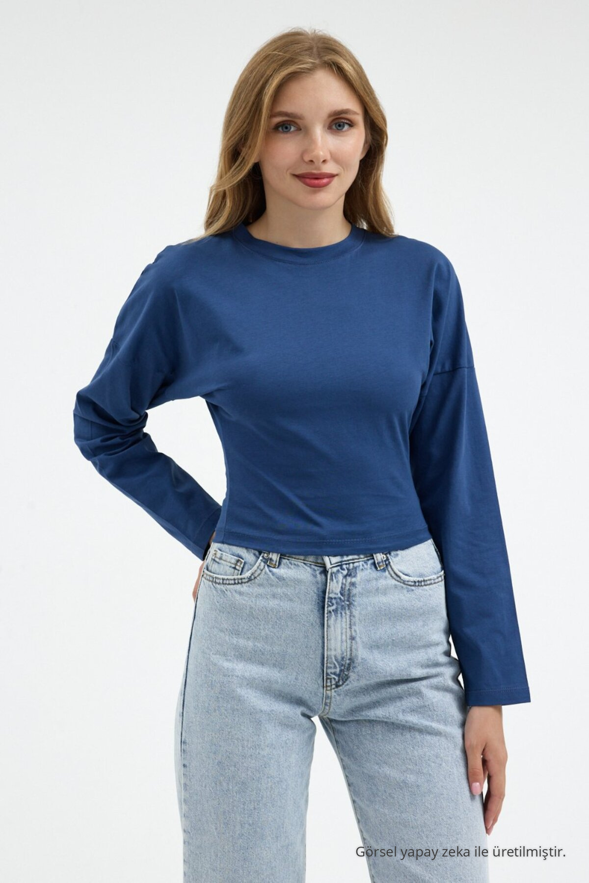 Kadın Uzun Kol Bele Oturan Mavi Crop Bluz 3