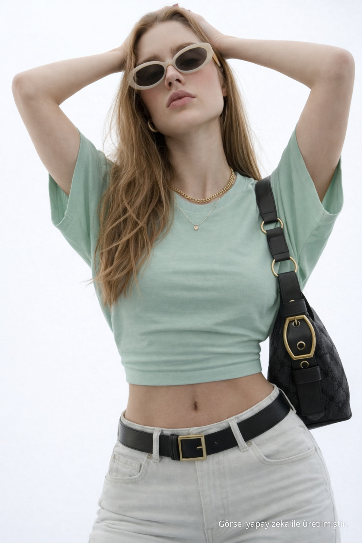 Kadın Basic Bel Detaylı Çağla Crop Bluz 5