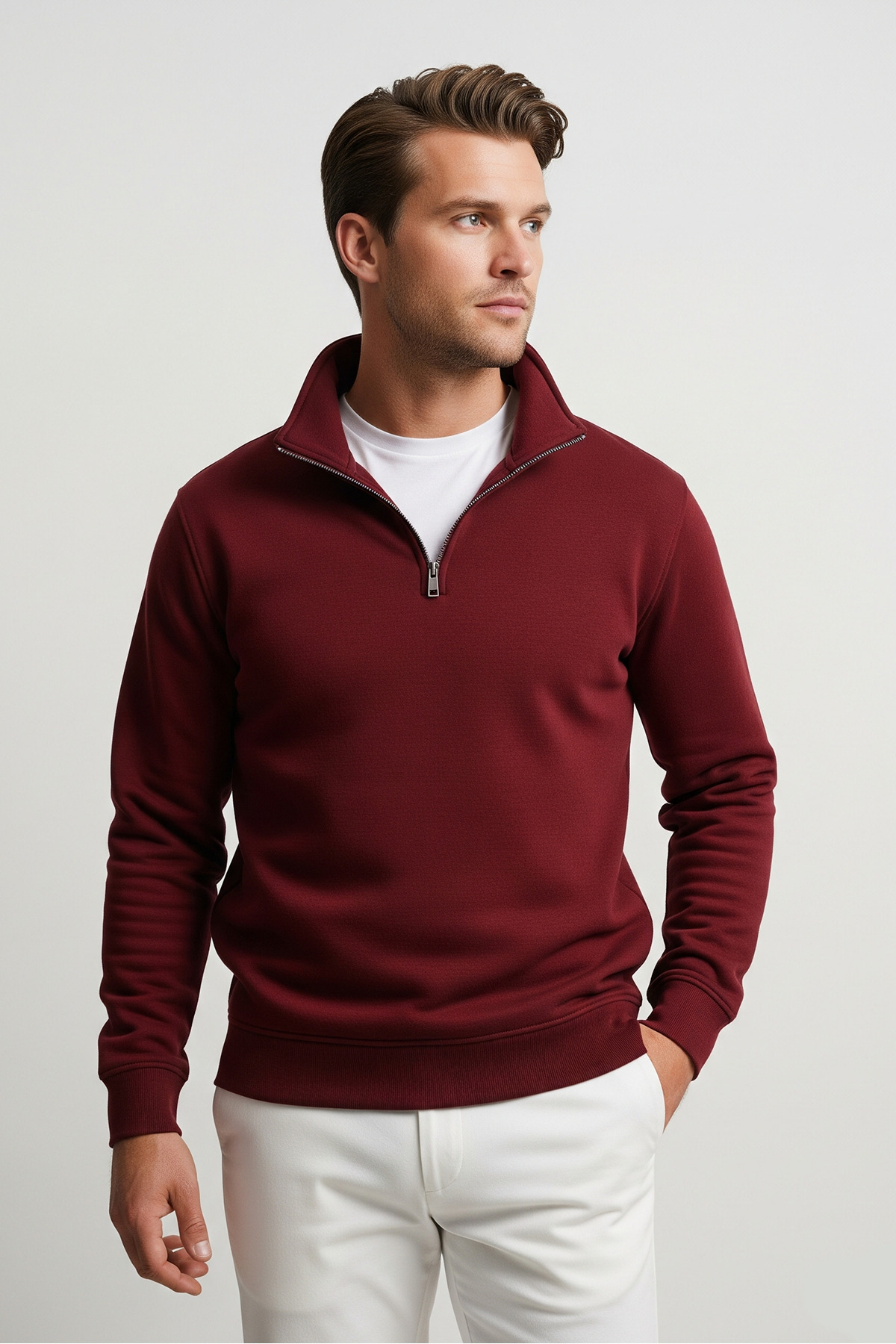 Erkek Yarım Fermuarlı Salaş Bordo Sweatshirt 4