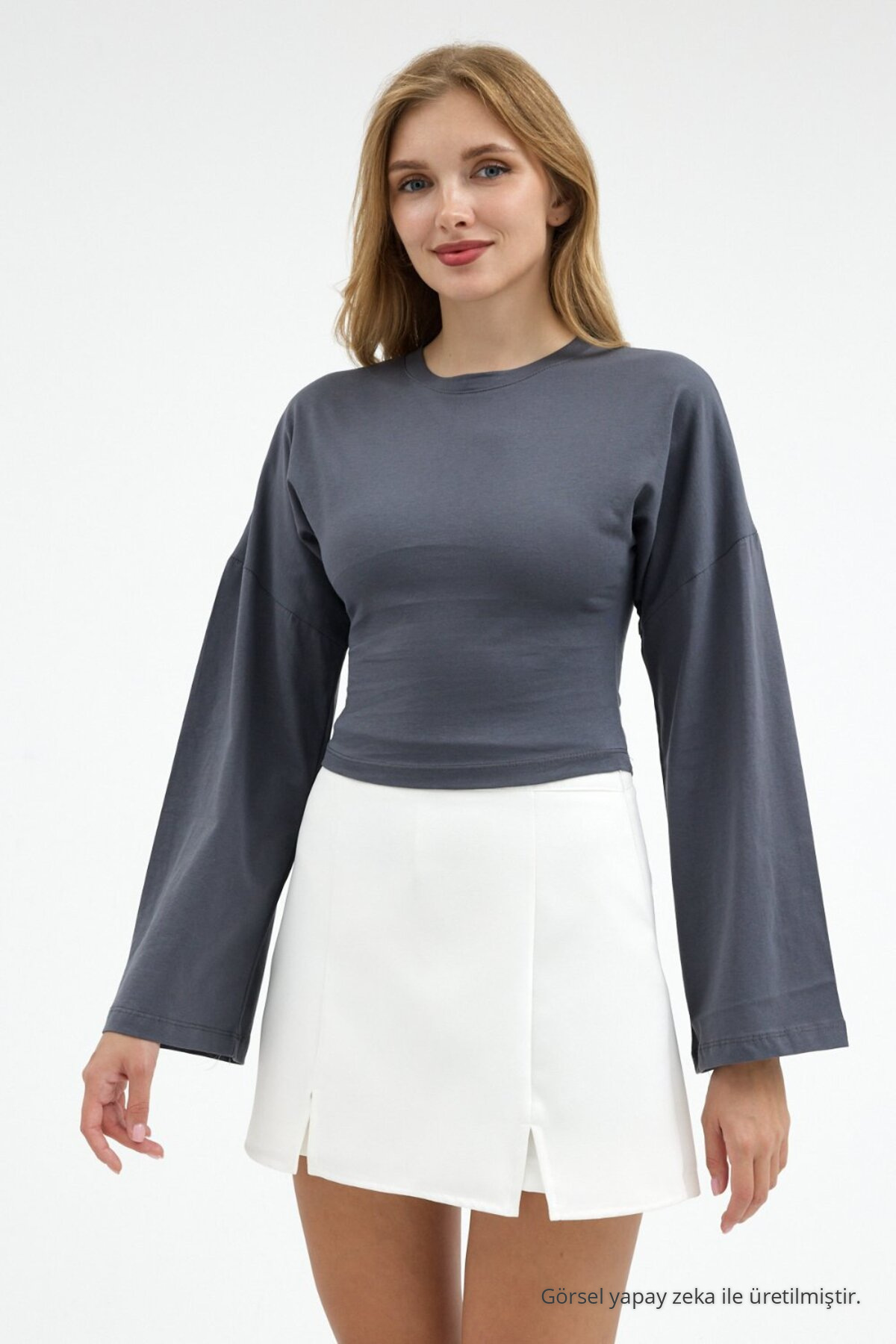 Kadın Bele Oturan Casual 3 Lü Crop Bluz Beyaz 4