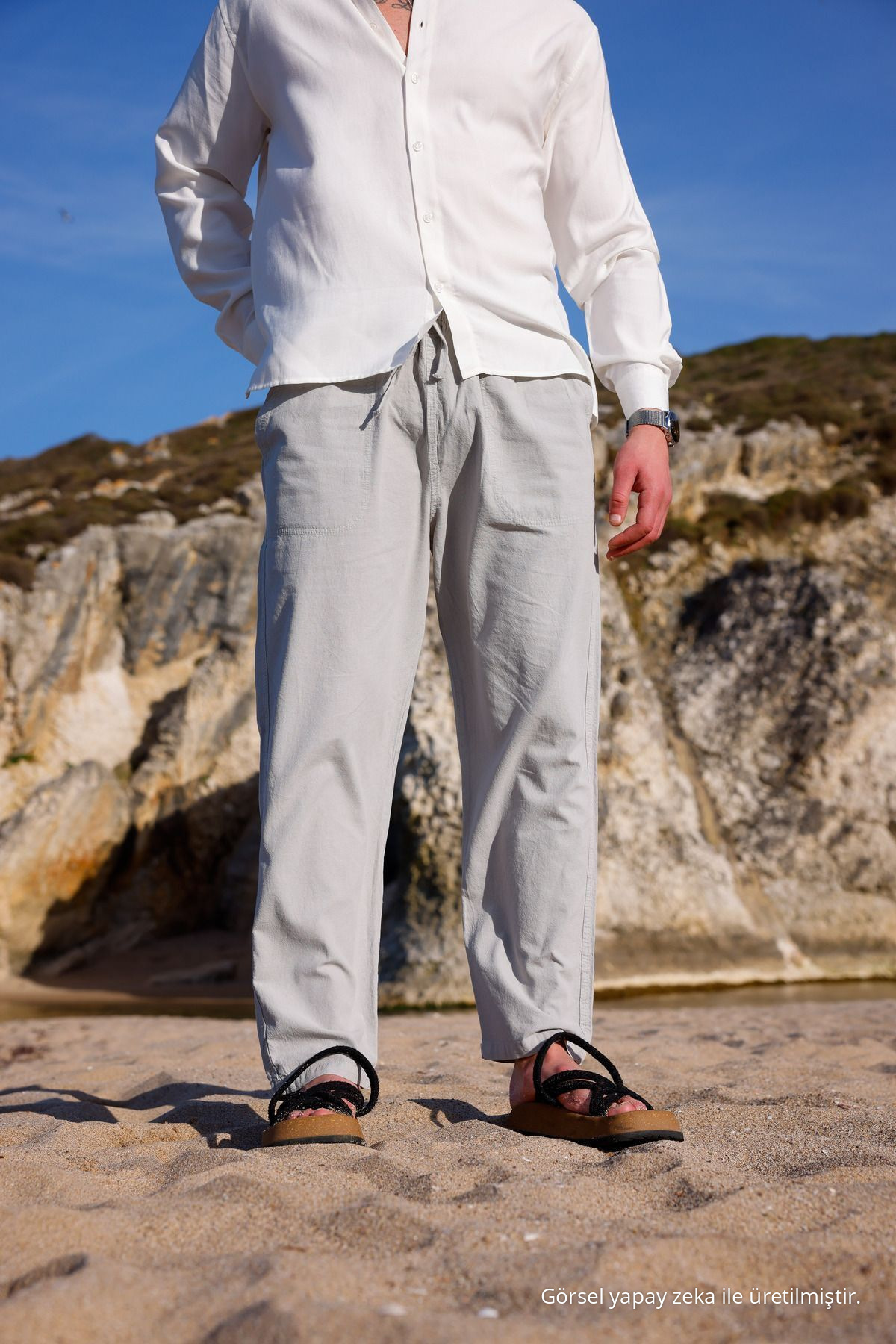 RELAXED FIT PAMUKLU KETEN PANTOLON GRİ 7