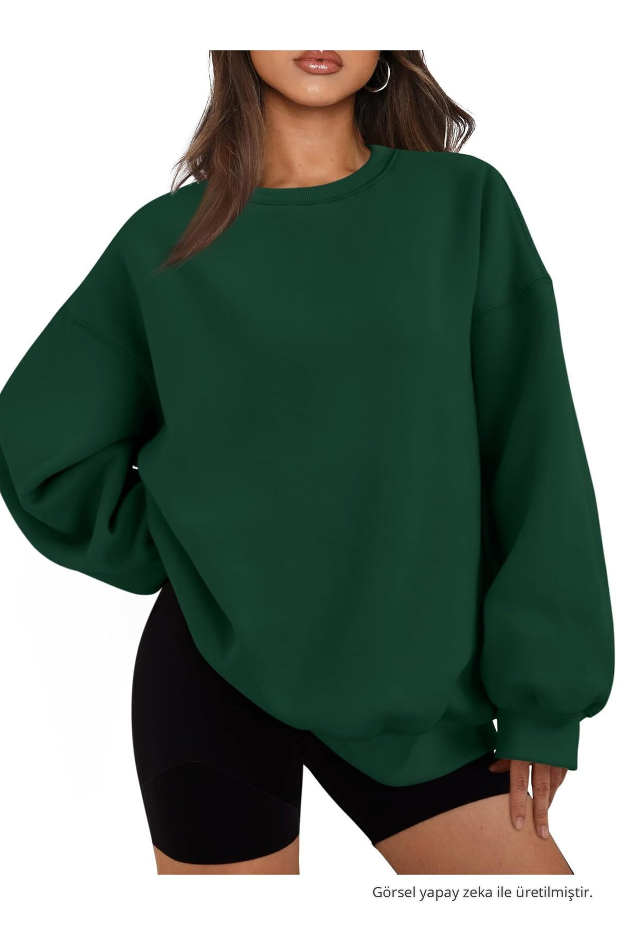 Kadın Bisiklet Yaka Basic Oversize Sweatshirt KOYU YEŞİL 4