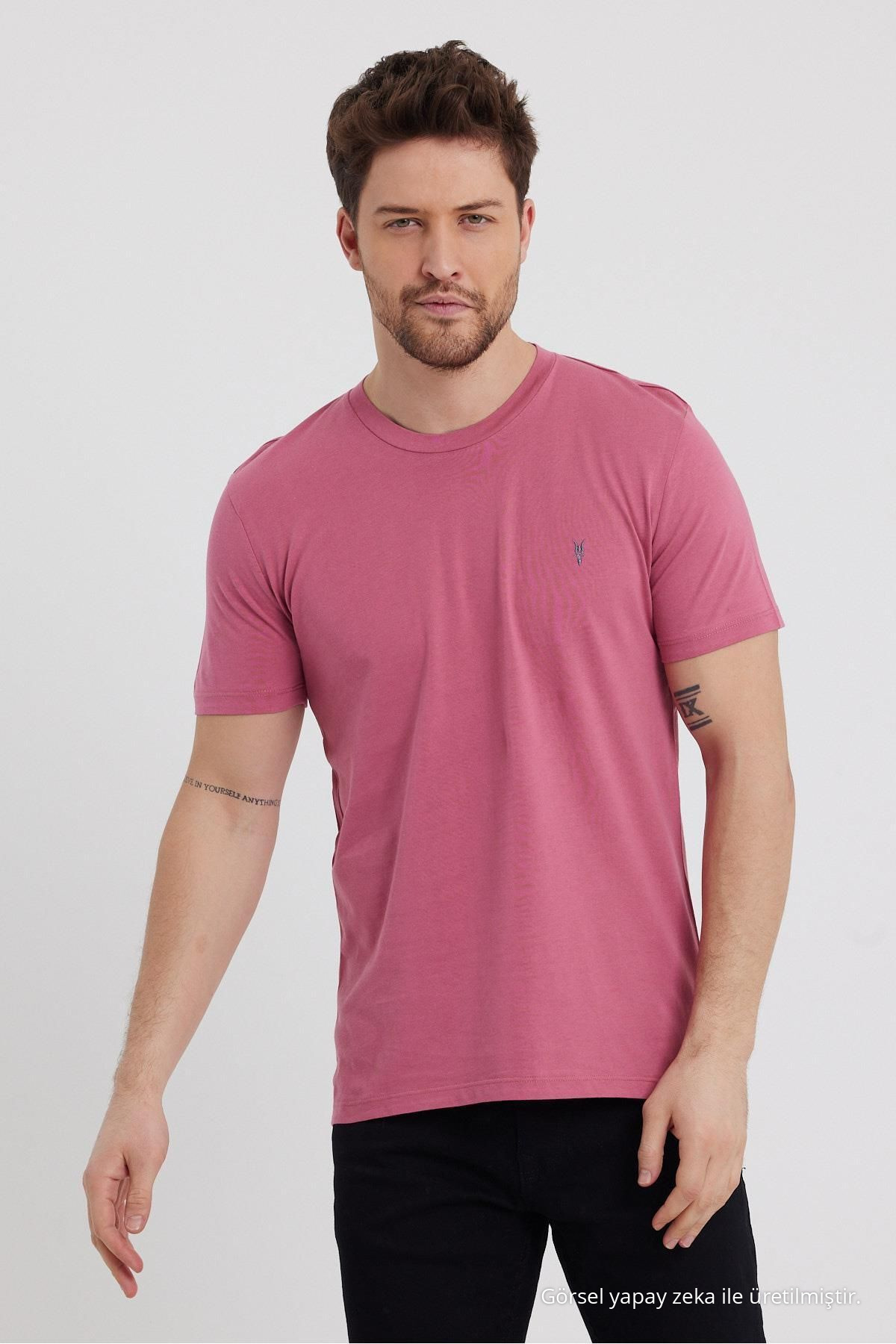 Erkek Standart Kalıp Basic Bisiklet Yaka Nakış Detaylı 5-li T-shirt PUDRA-SİYAH-BEYAZ-HAKİ-KIRMIZI 5