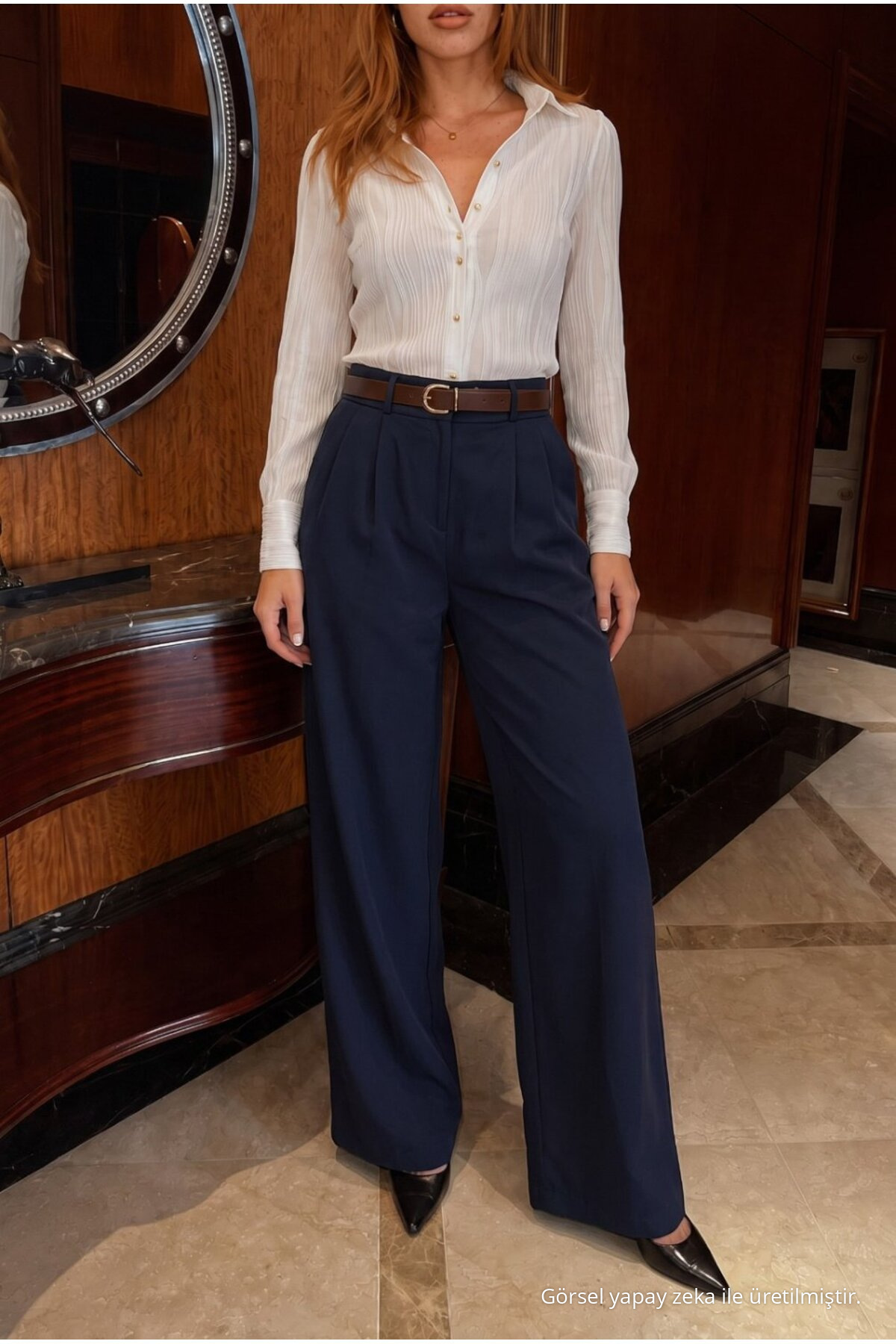 Kemerli Oversize Geniş Paça Palazzo Kumaş Pantolon LACİVERT 6