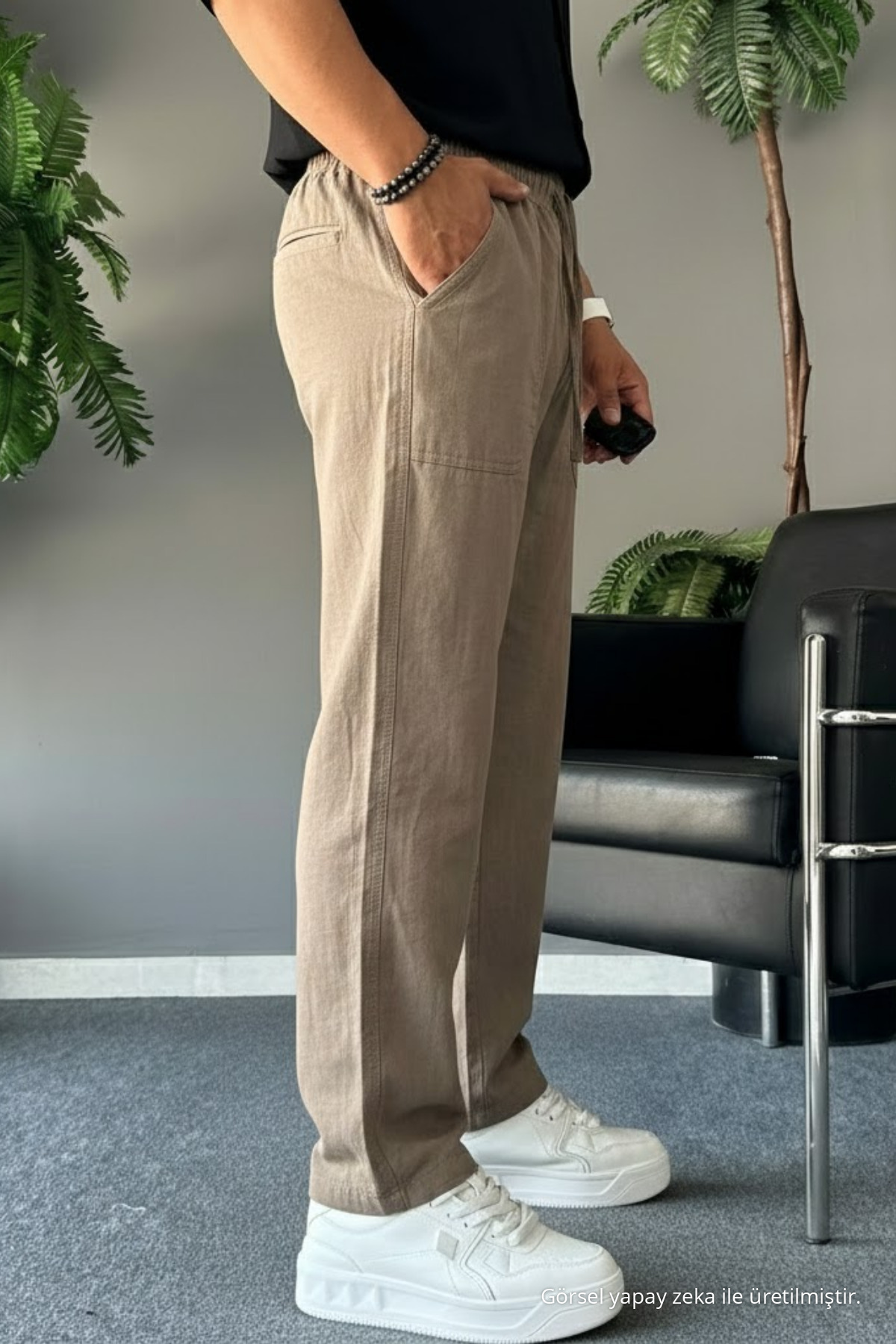 Erkek Beli Lastikli 3 Lü Keten Pantolon KAHVERENGİ 7
