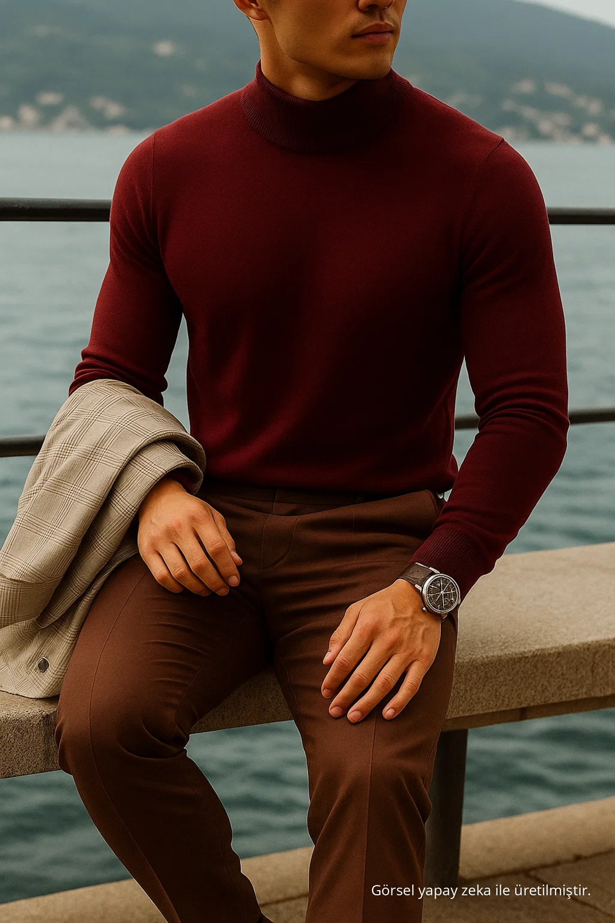 Erkek Boğazlı Casual Bordo Triko Kazak 3