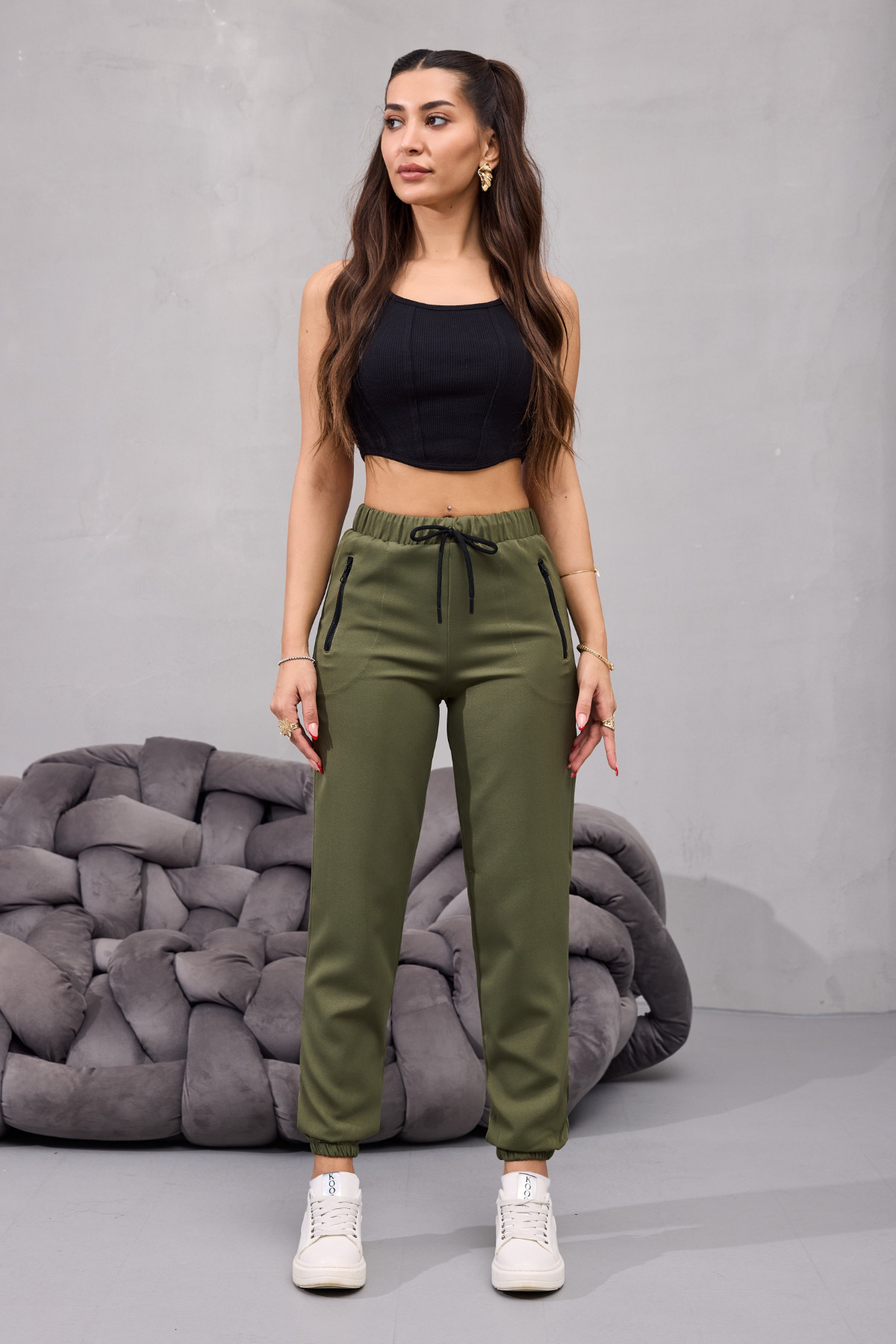 Kadın Yüksek Bel Likralı Rahat Kumaş Jogger Beli Lastikli Pantolon HAKİ 4