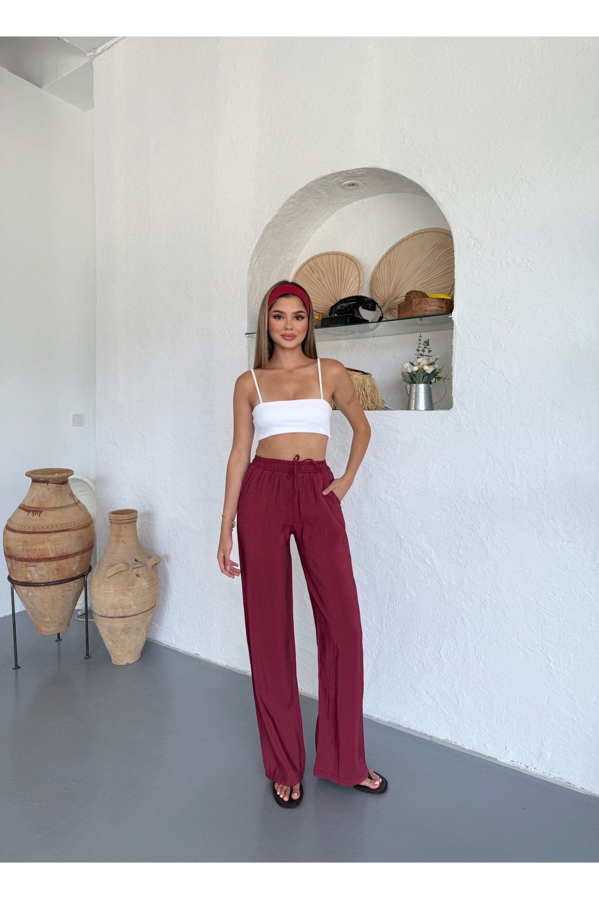 Kadın Bol Paça Beli Lastikli Bordo Pantolon 5