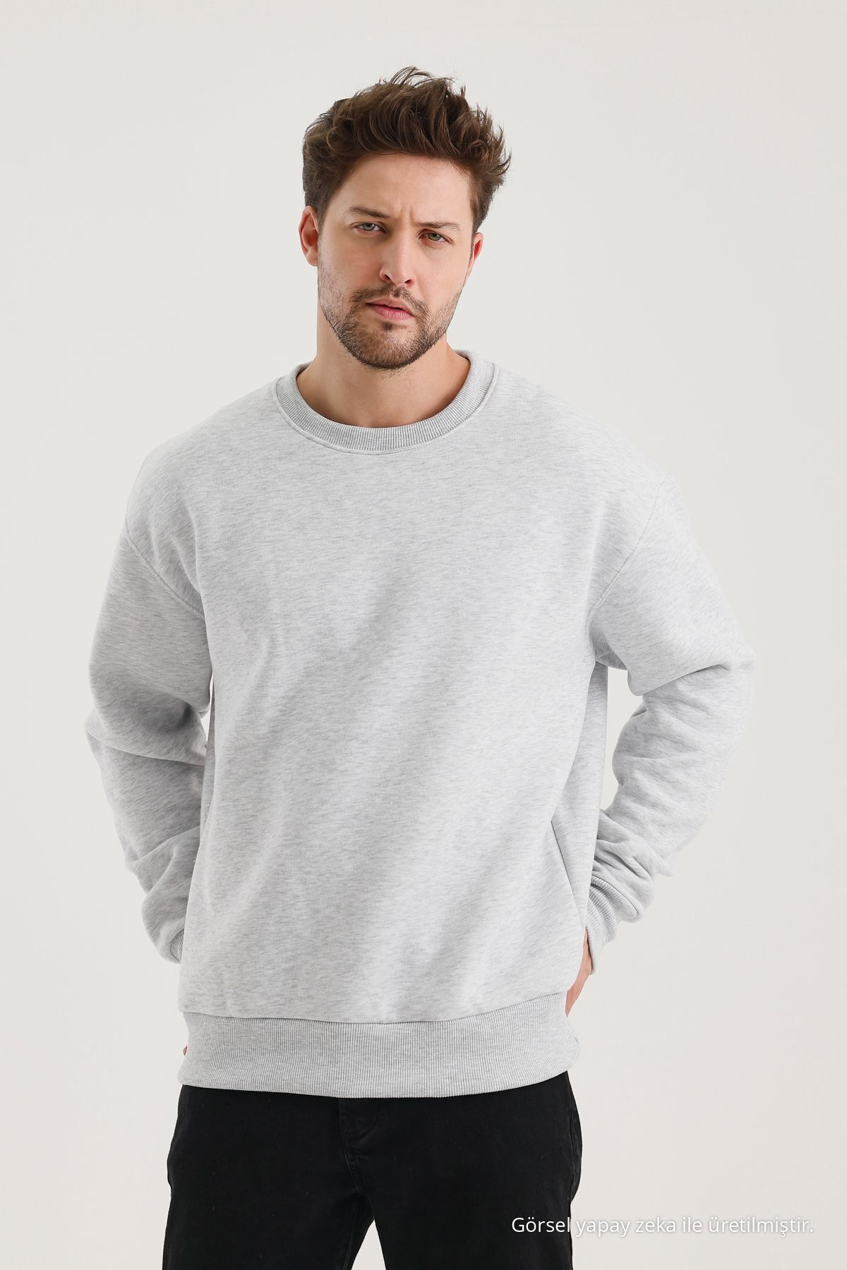 Grimelanj Pamuklu Bisiklet Yaka Oversize Şardonlu Basic Erkek Sweatshirt GRİMELANJ 6
